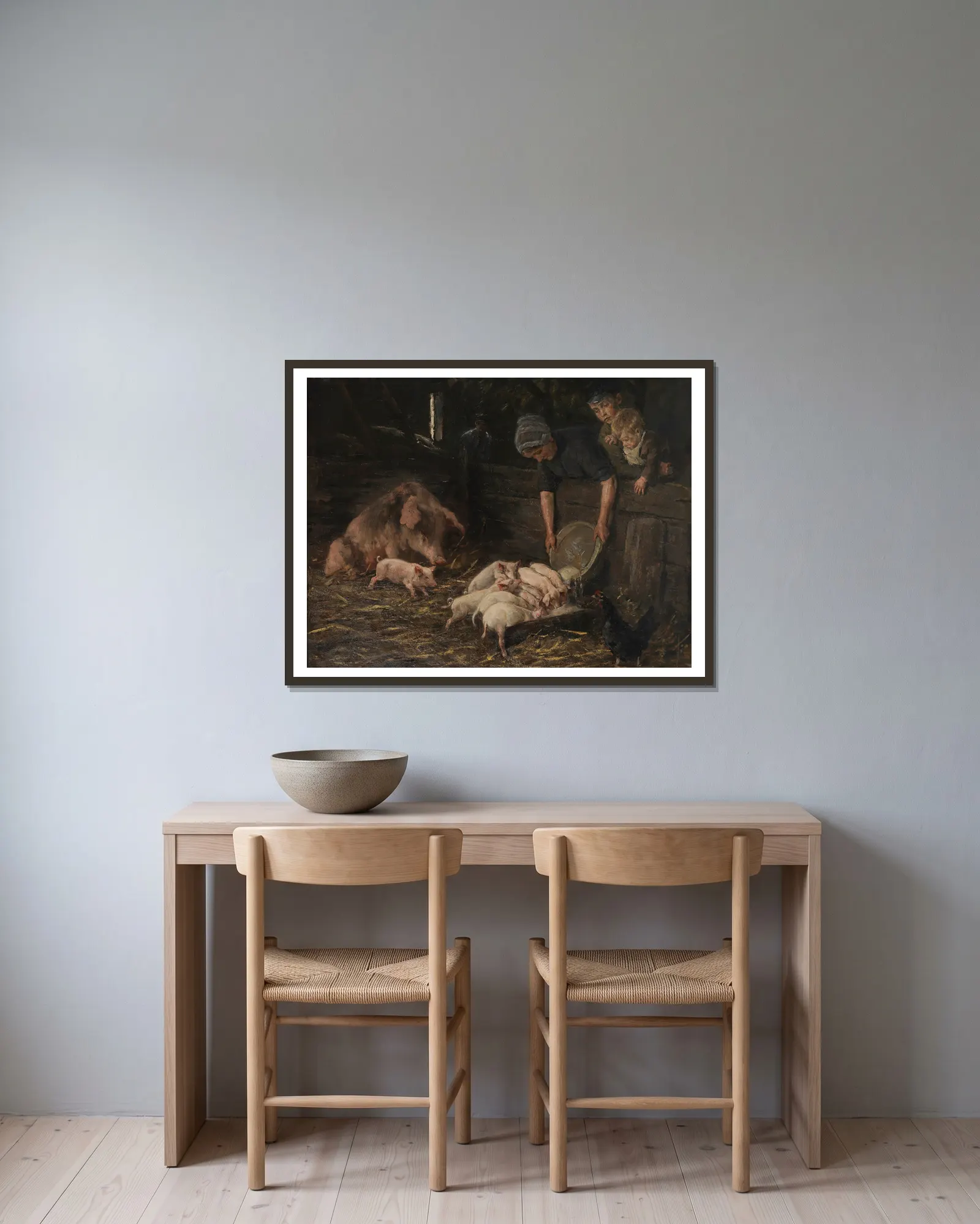 The nursery – pig pens av Max Liebermann inramad på en vägg