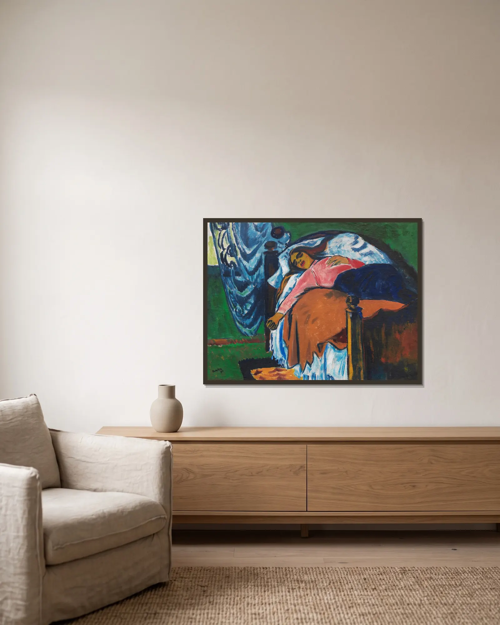 The Resting Woman av Hermann Max Pechstein inramad på en vägg