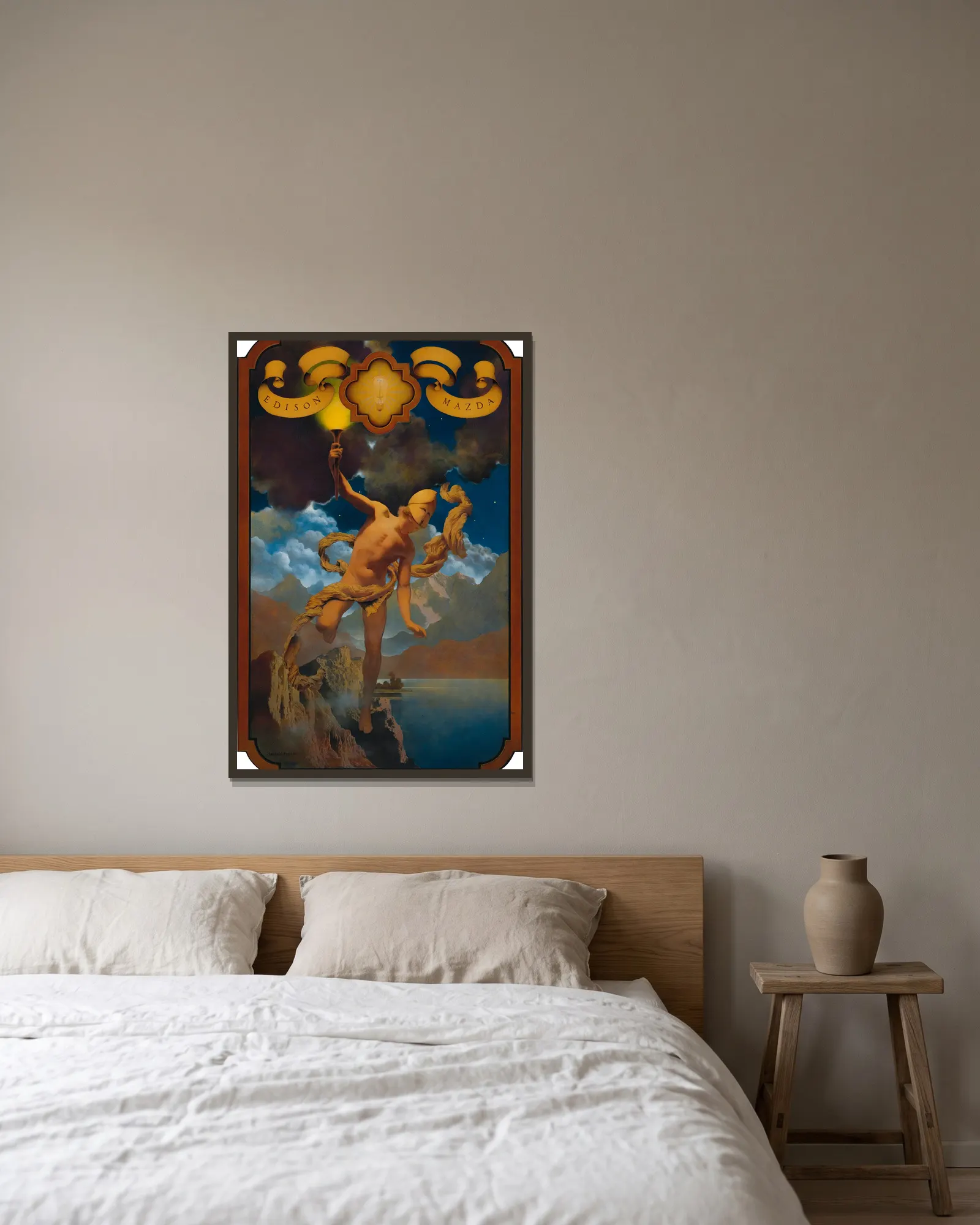 Prometheus av Maxfield Parrish inramad på en vägg