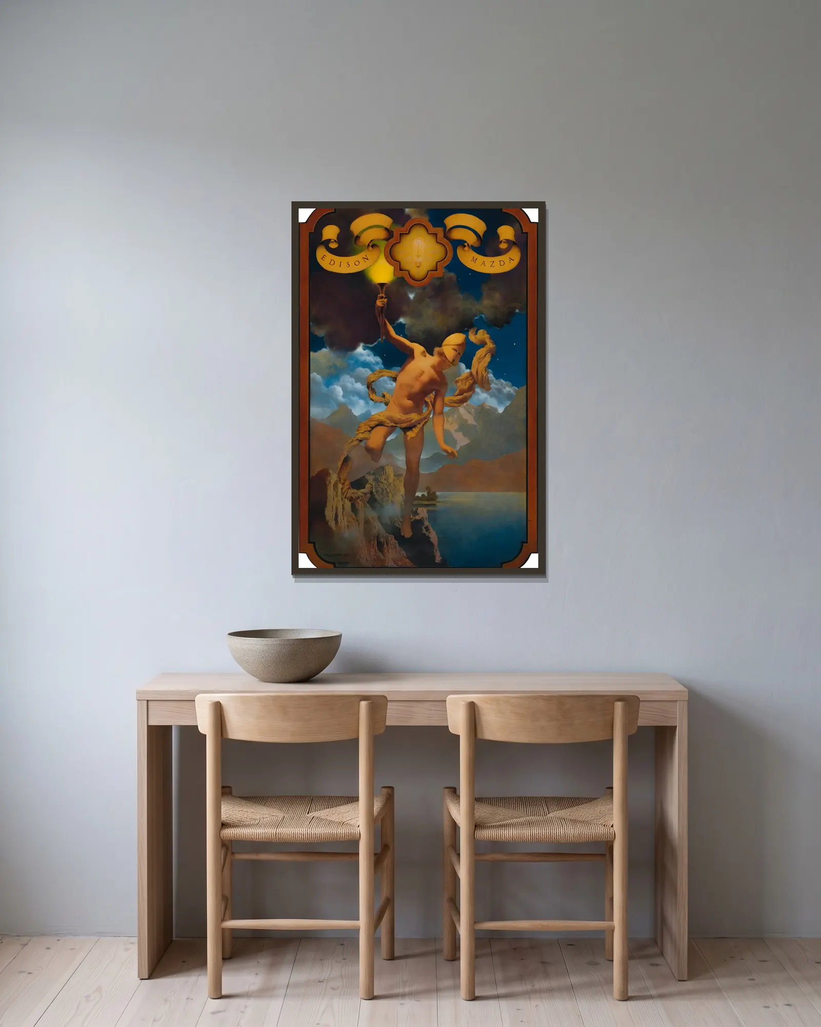 Prometheus av Maxfield Parrish inramad på en vägg