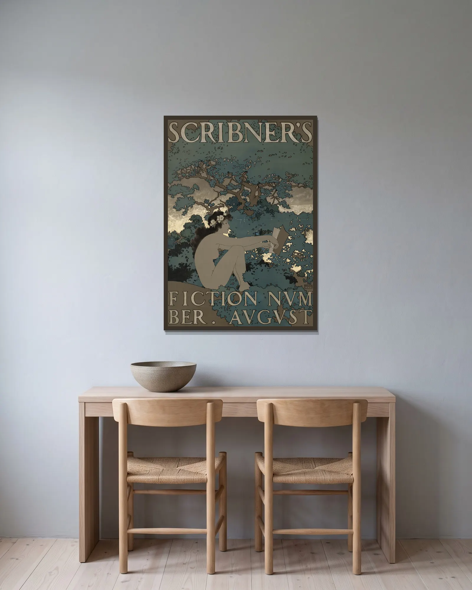 Scribner’s fiction number. August av Maxfield Parrish inramad på en vägg