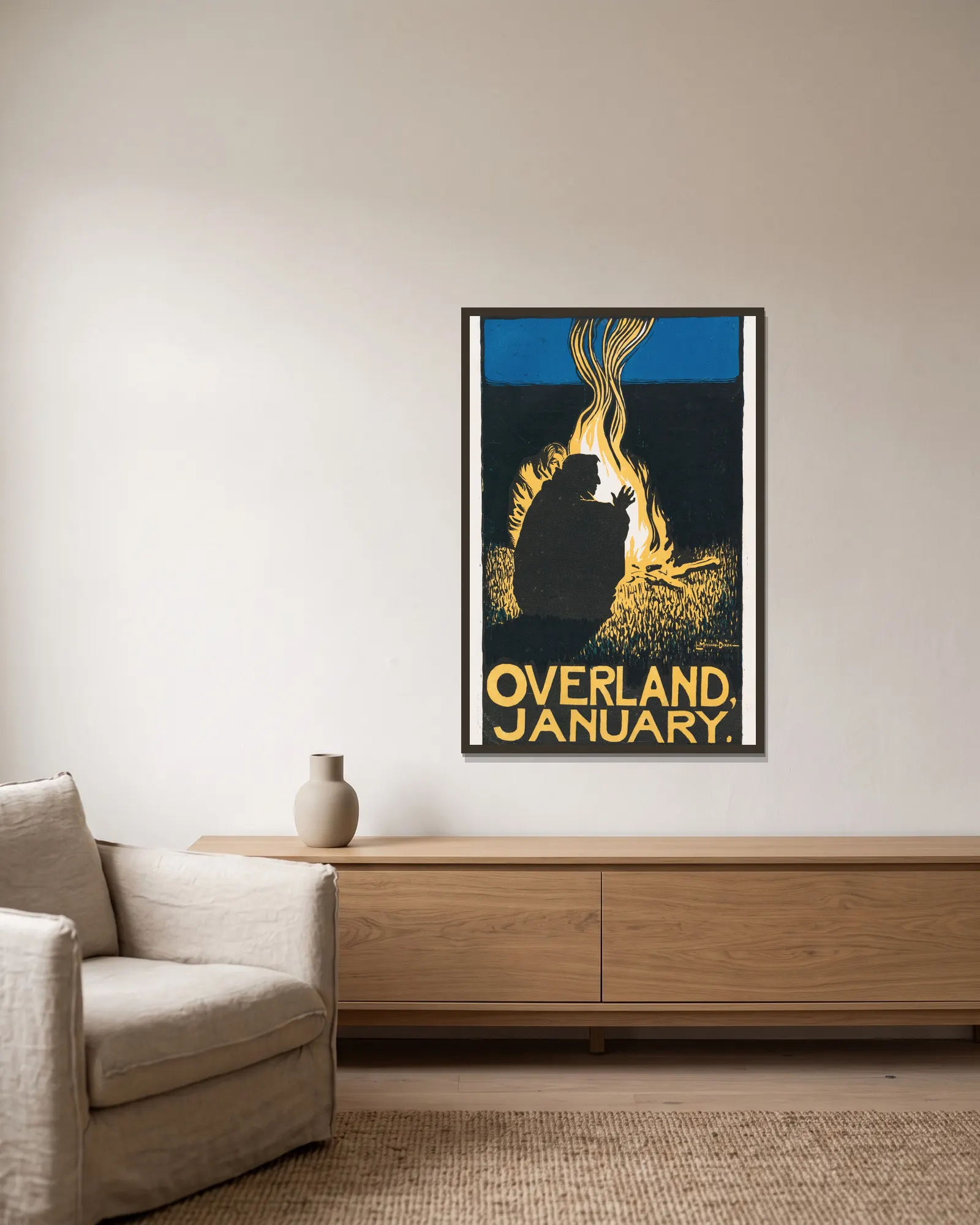 Overland; January av Maynard Dixon inramad på en vägg