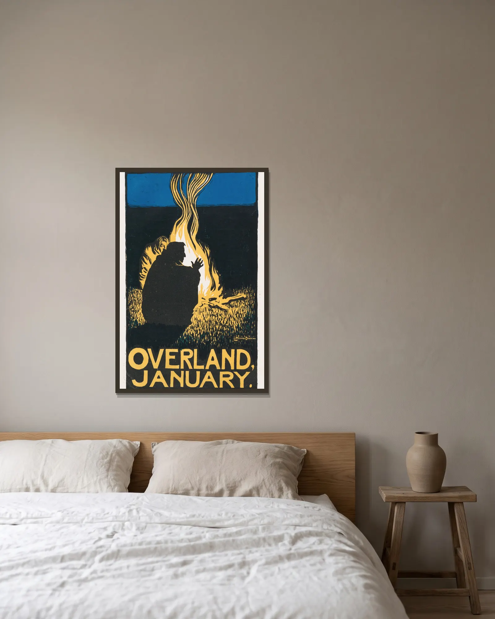 Overland; January av Maynard Dixon inramad på en vägg