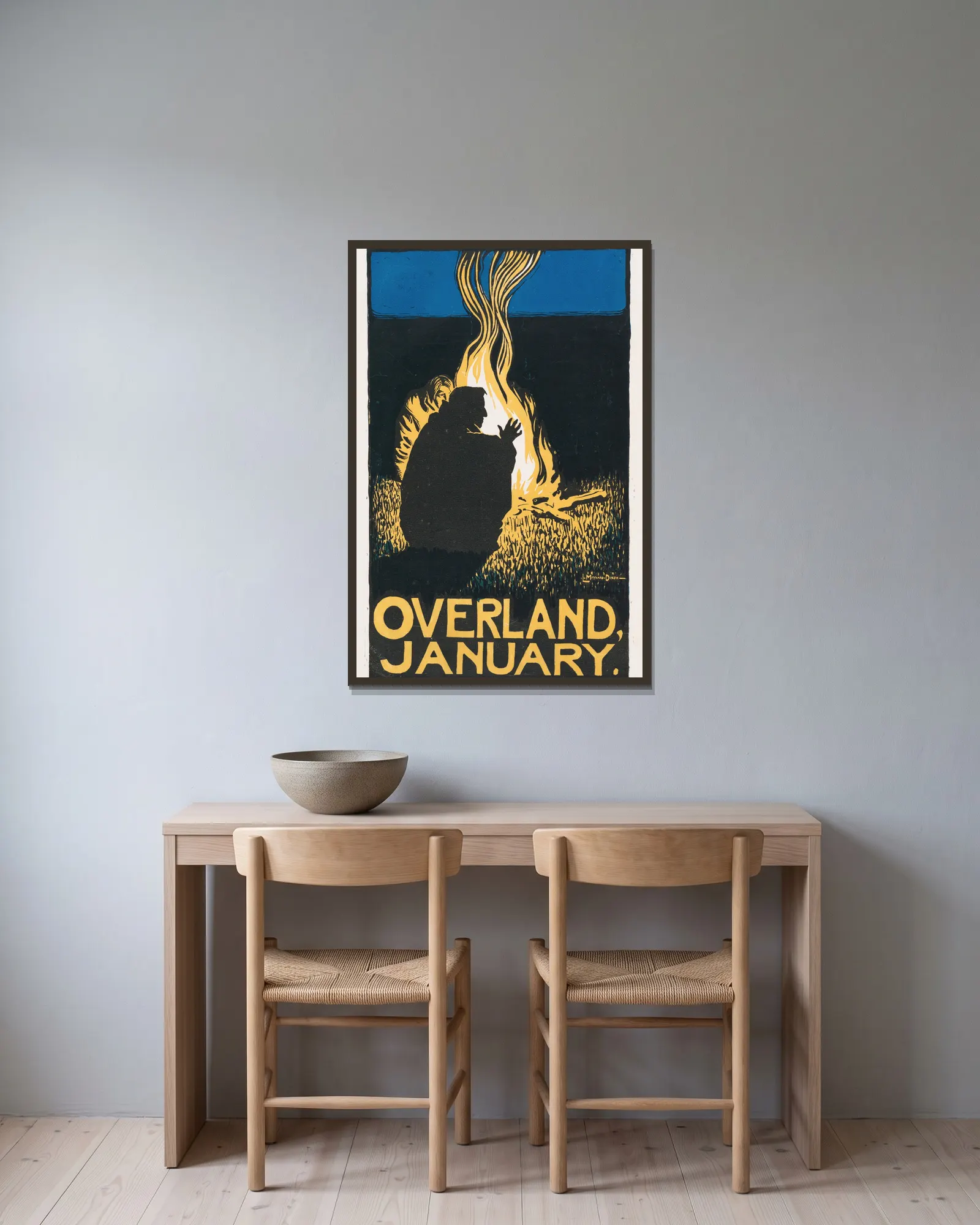 Overland; January av Maynard Dixon inramad på en vägg