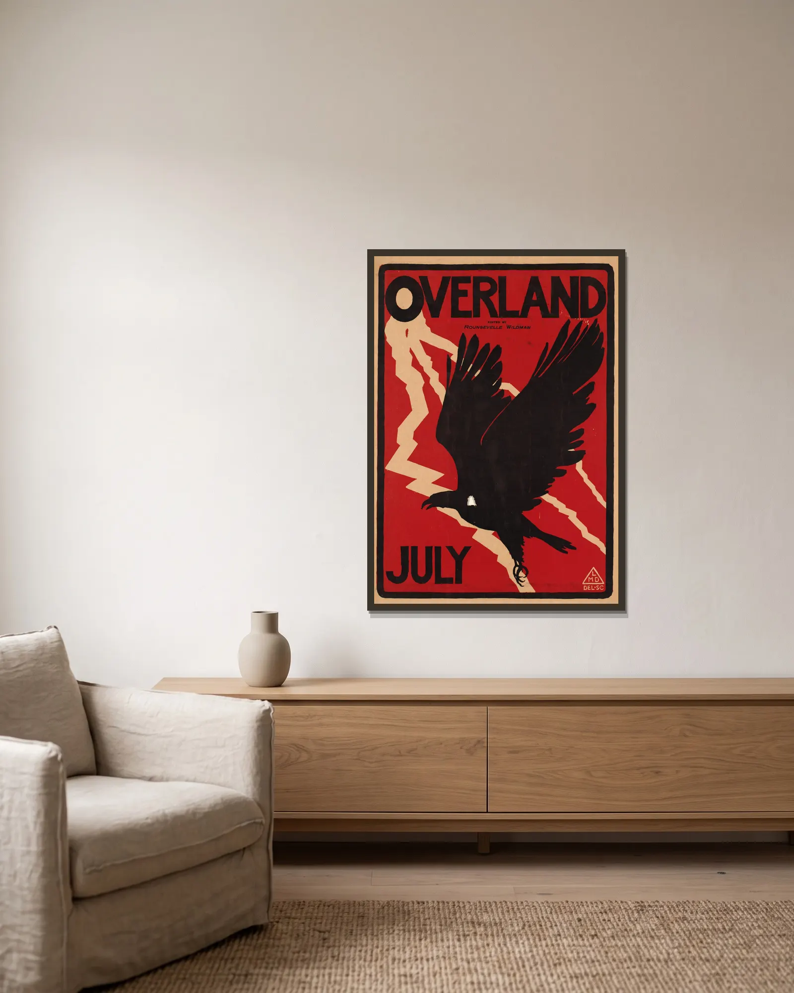 Overland, July av Maynard Dixon inramad på en vägg