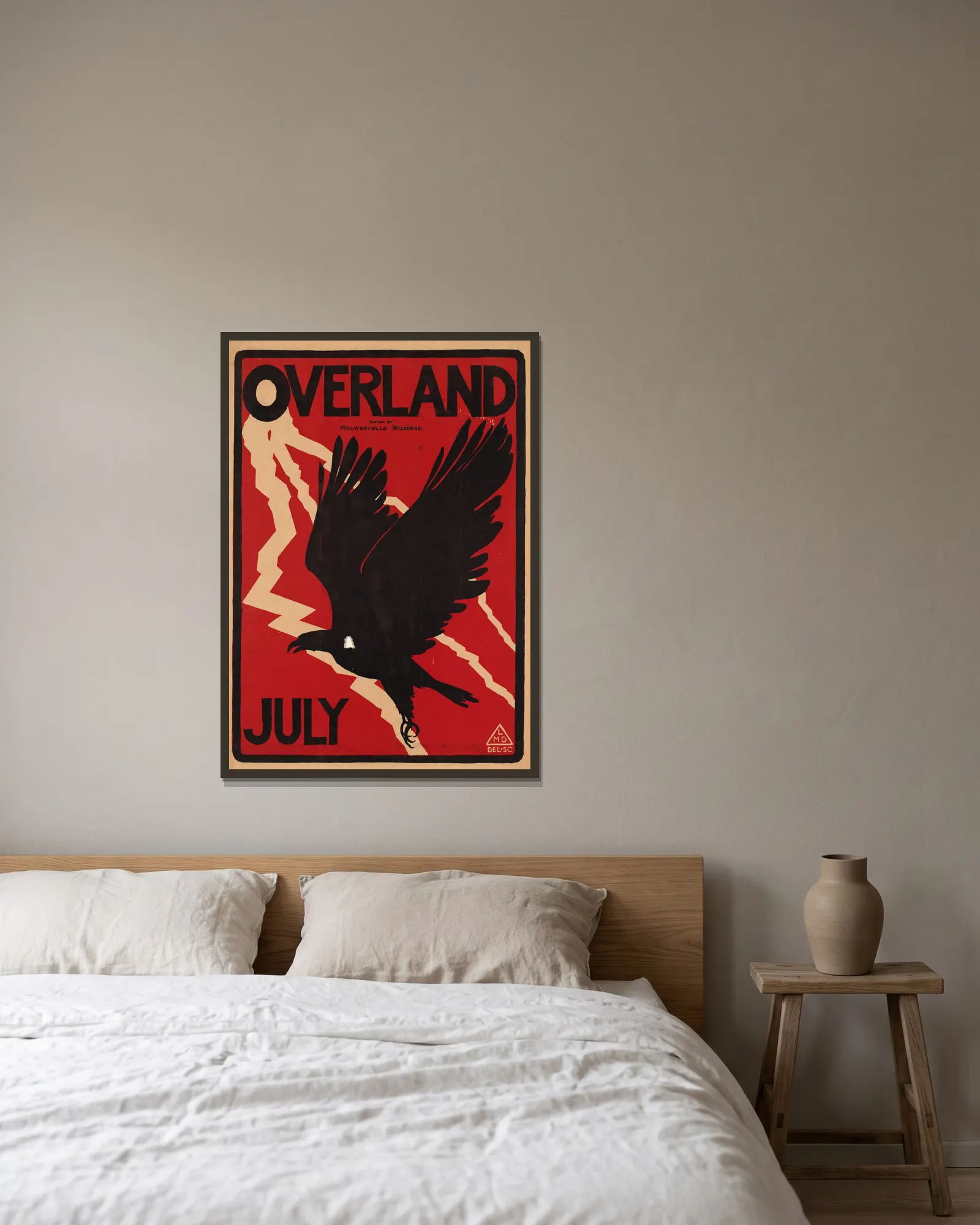 Overland, July av Maynard Dixon inramad på en vägg