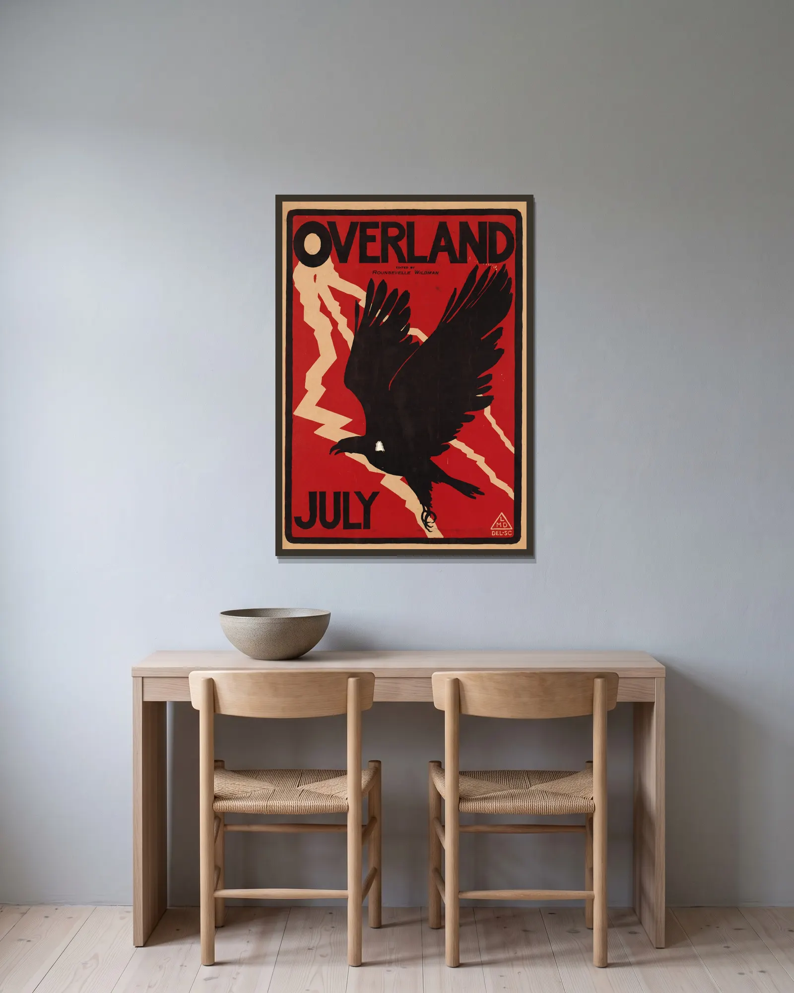 Overland, July av Maynard Dixon inramad på en vägg