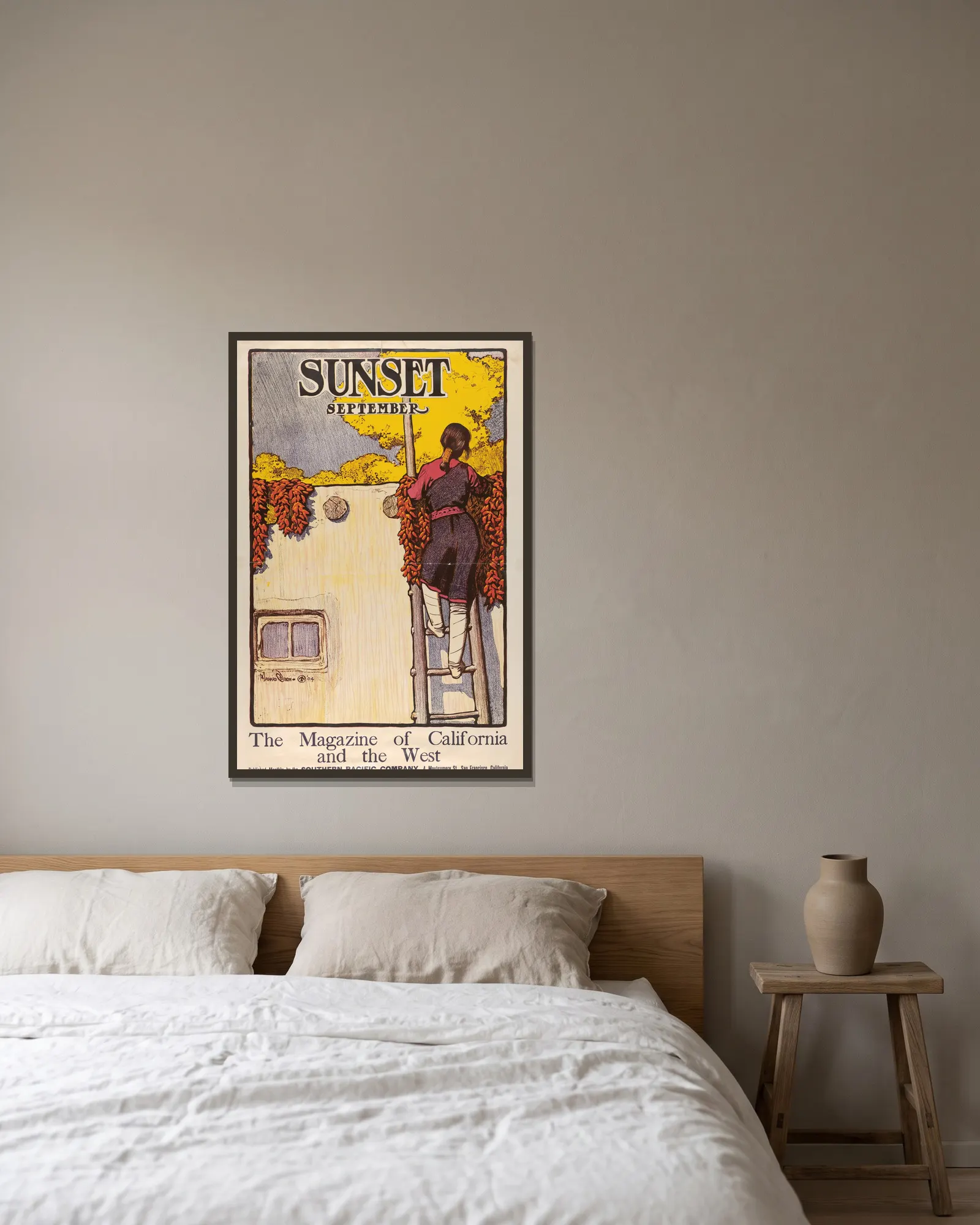 Sunset Magazine, September av Maynard Dixon inramad på en vägg