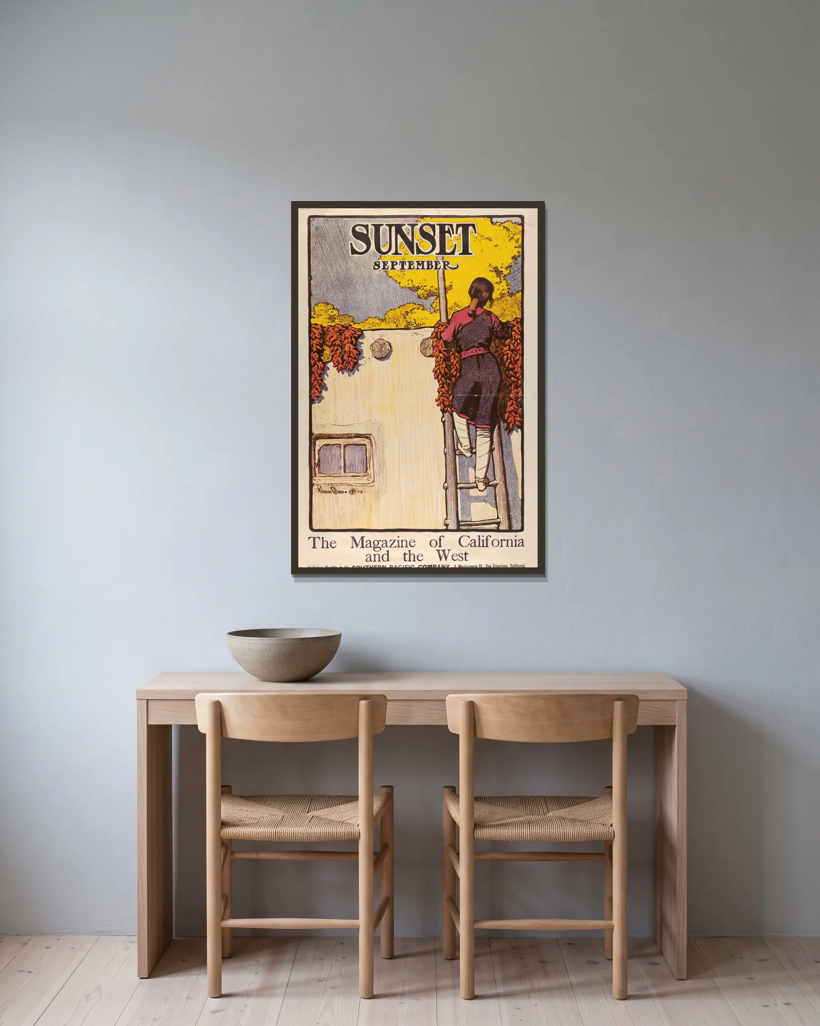 Sunset Magazine, September av Maynard Dixon inramad på en vägg