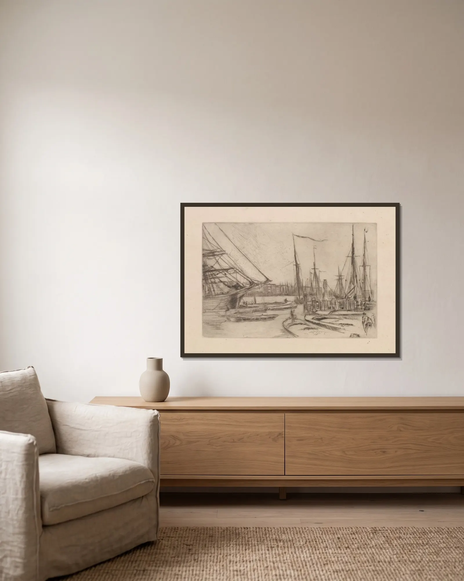 From Billingsgate av James Abbott McNeill Whistler inramad på en vägg