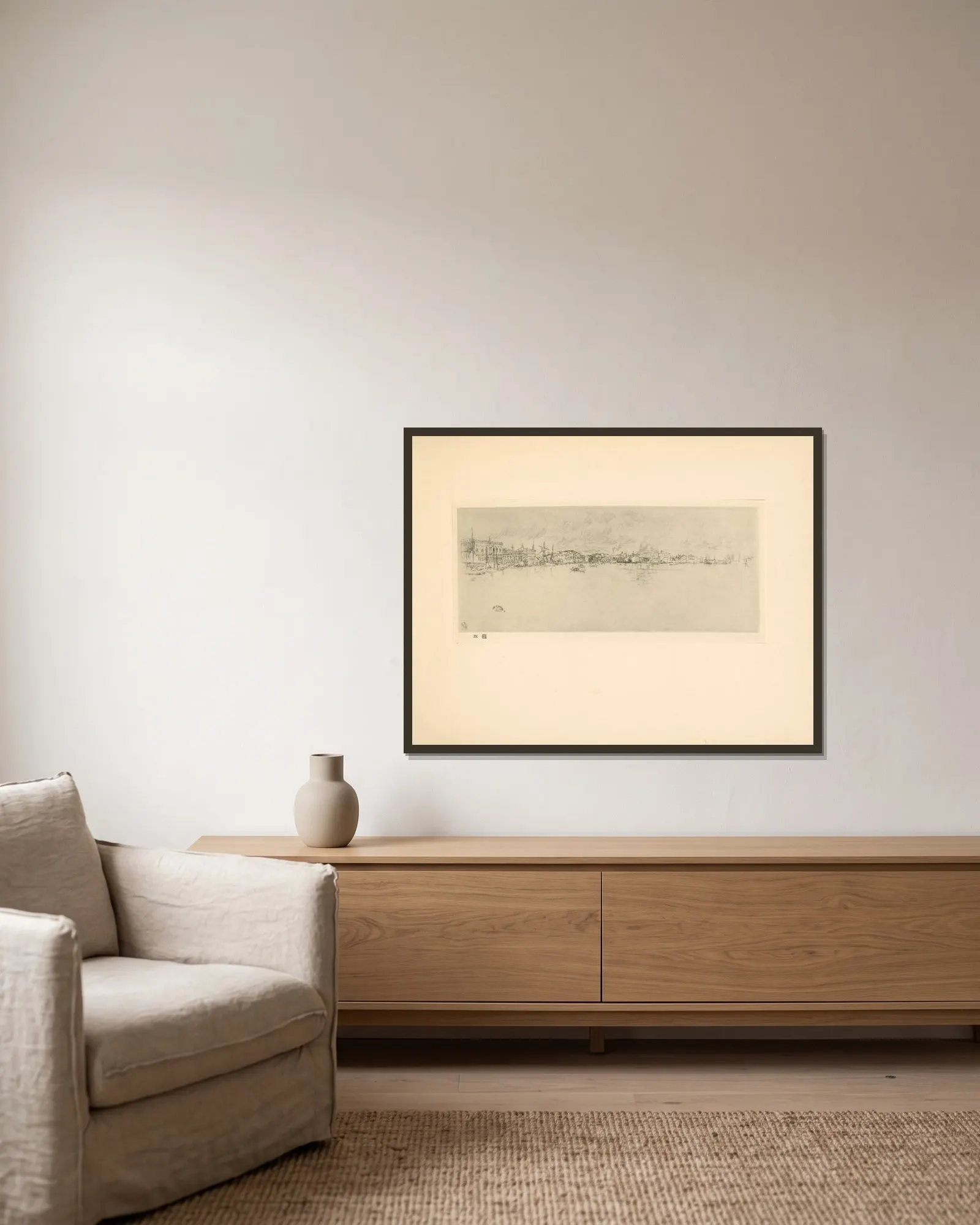 Long Venice – nr 1 av James Abbott McNeill Whistler inramad på en vägg