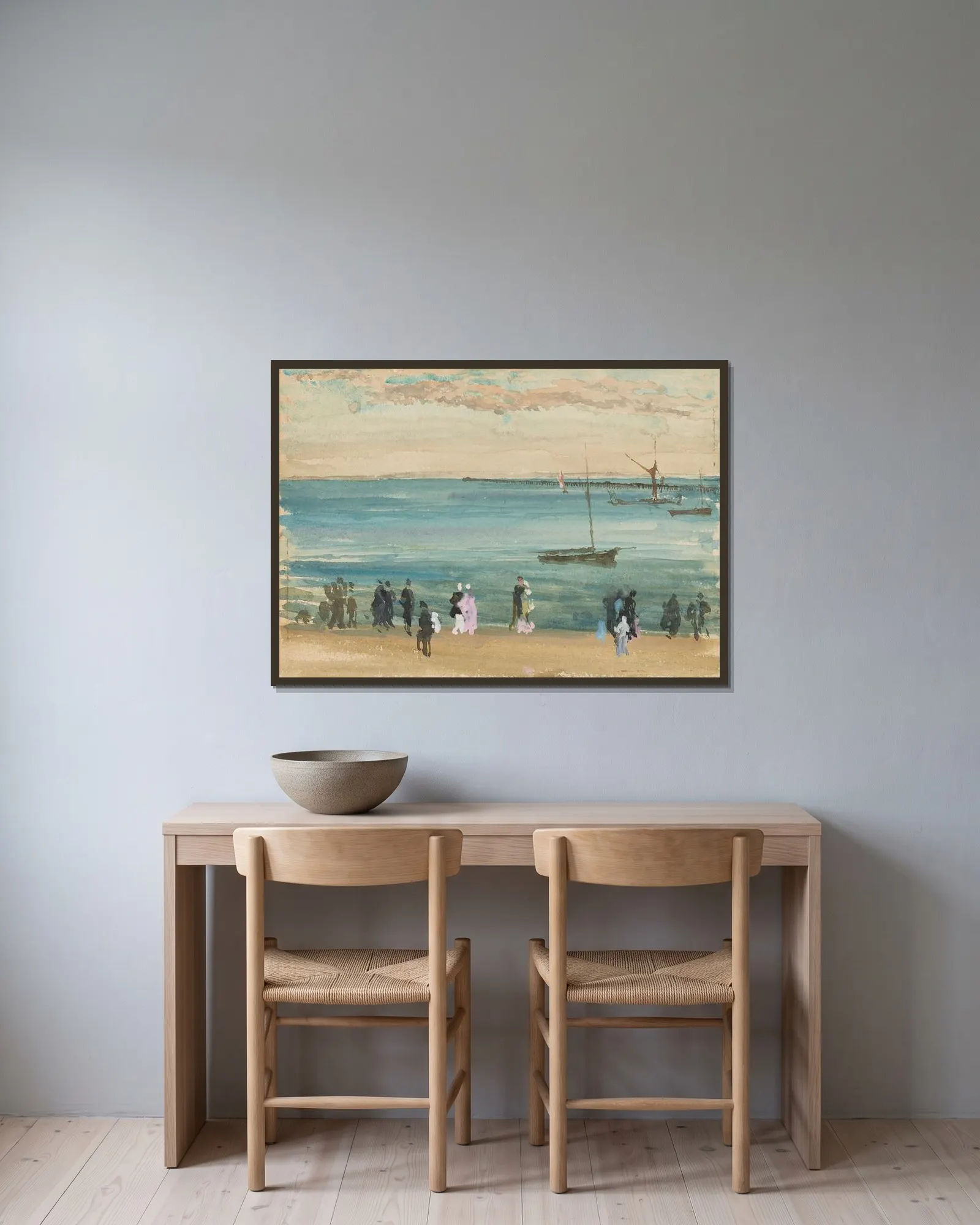 Southend Pier av James Abbott McNeill Whistler inramad på en vägg
