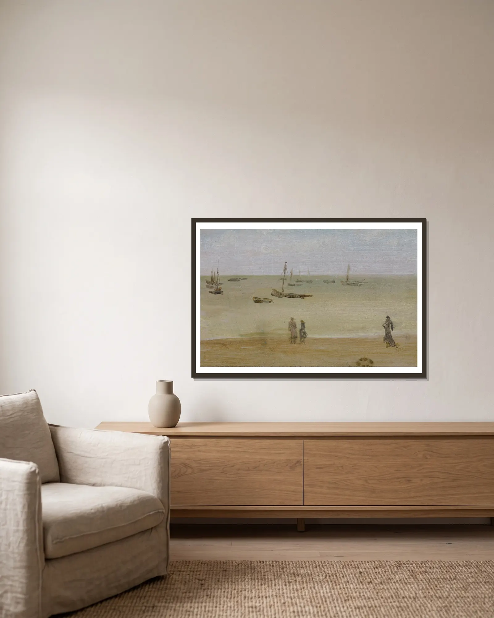 The Seashore av James Abbott McNeill Whistler inramad på en vägg