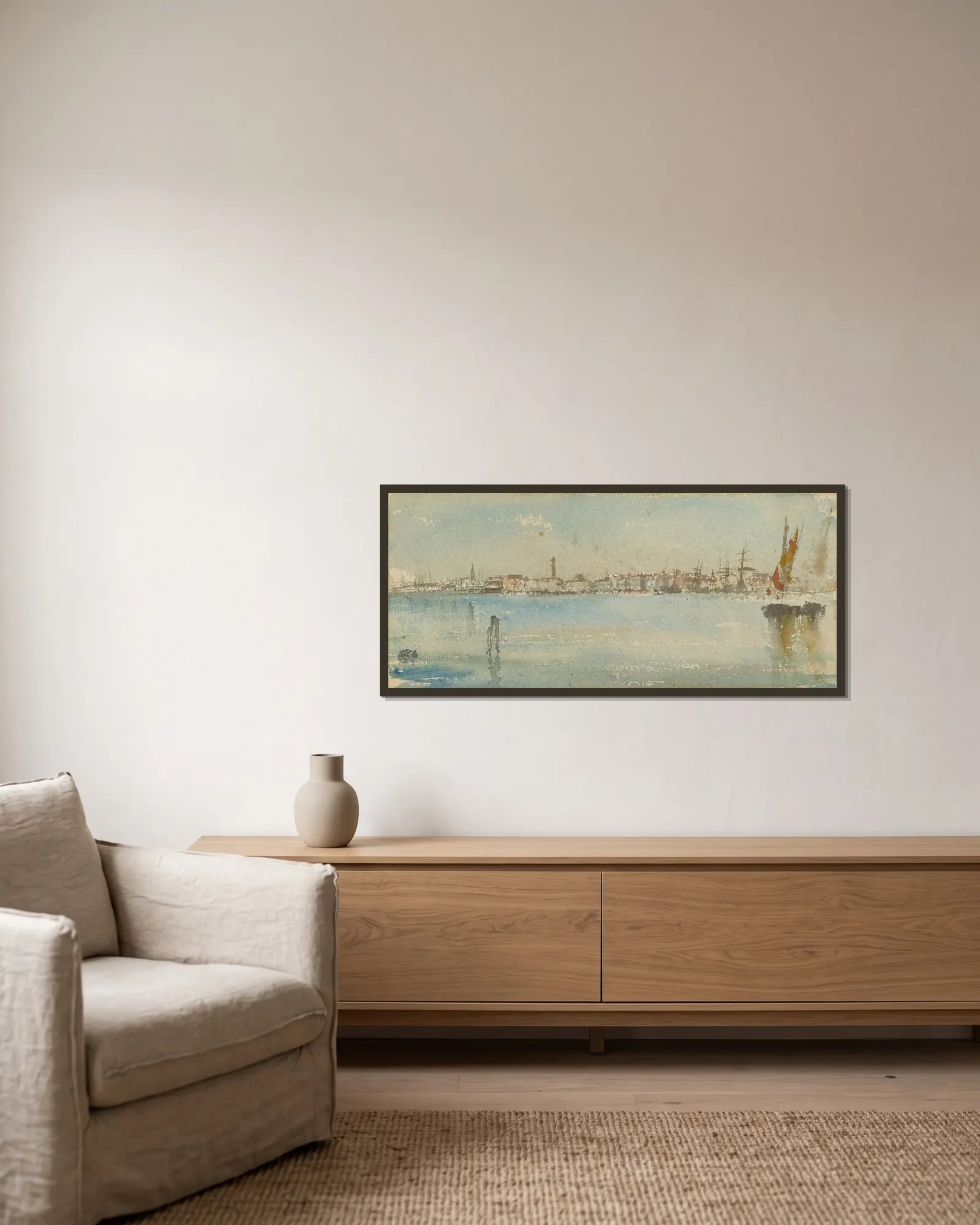 Venice Harbor av James Abbott McNeill Whistler inramad på en vägg