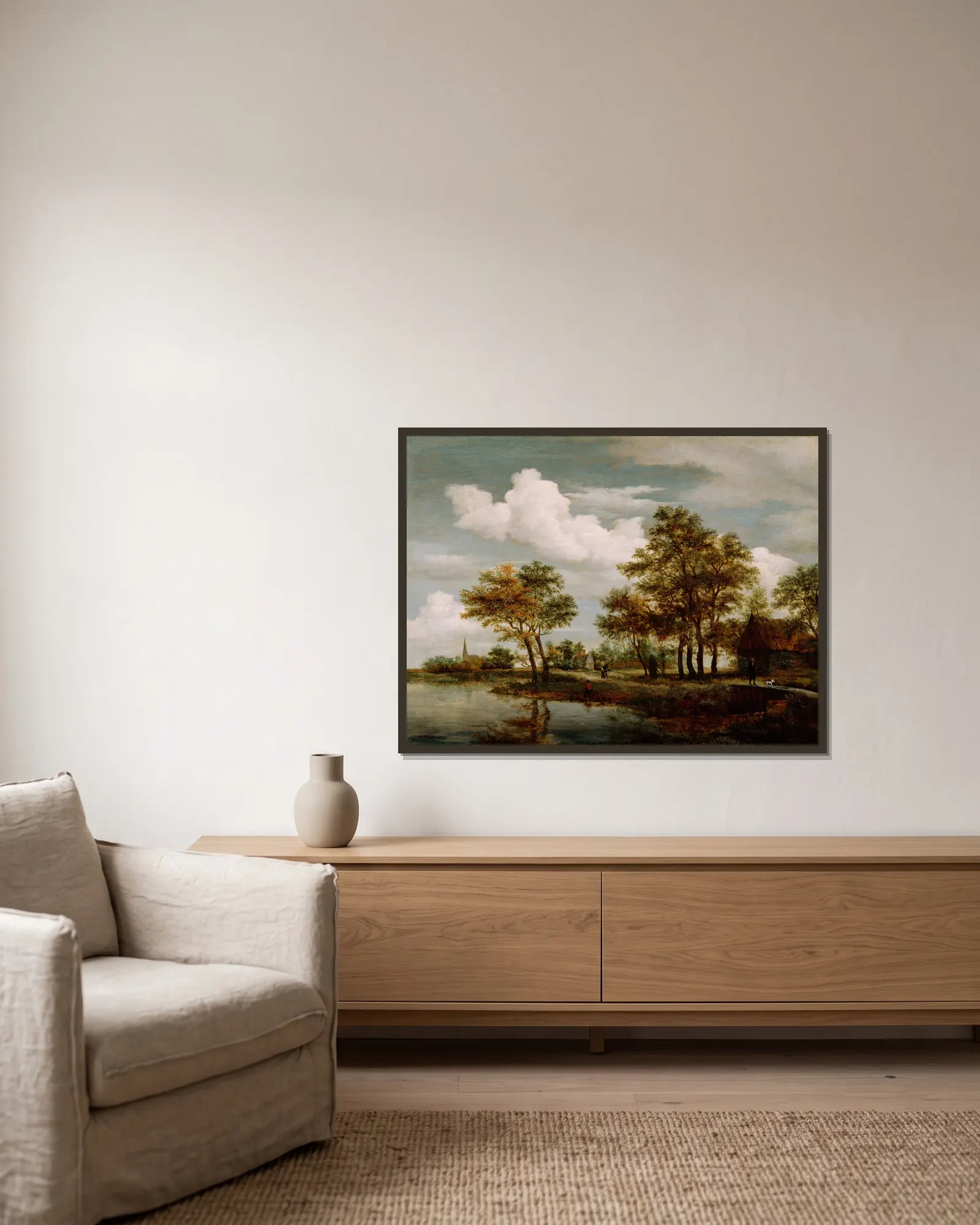 A River Scene av Meindert Hobbema inramad på en vägg