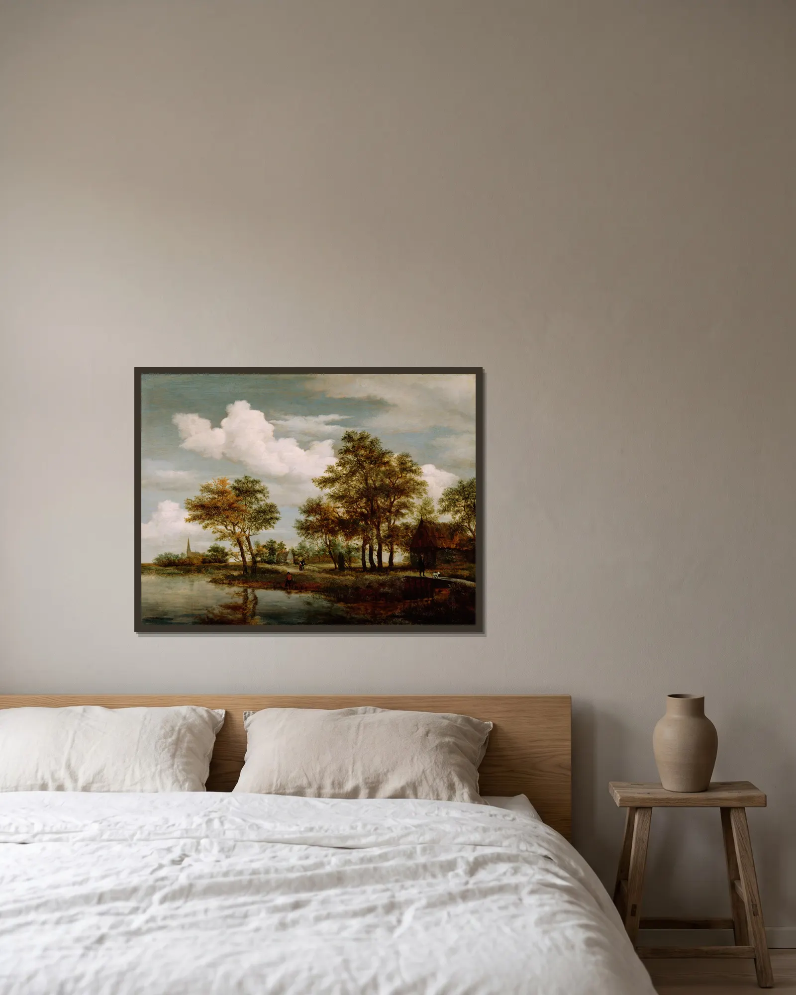 A River Scene av Meindert Hobbema inramad på en vägg
