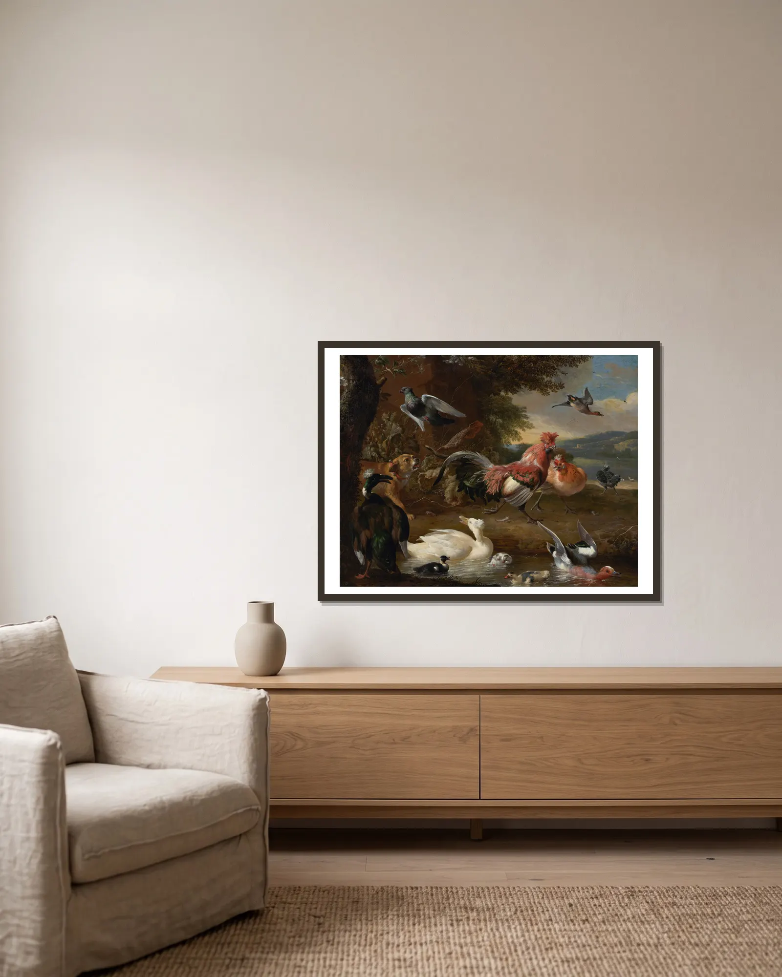 Chickens and Ducks av Melchior d'Hondecoeter inramad på en vägg