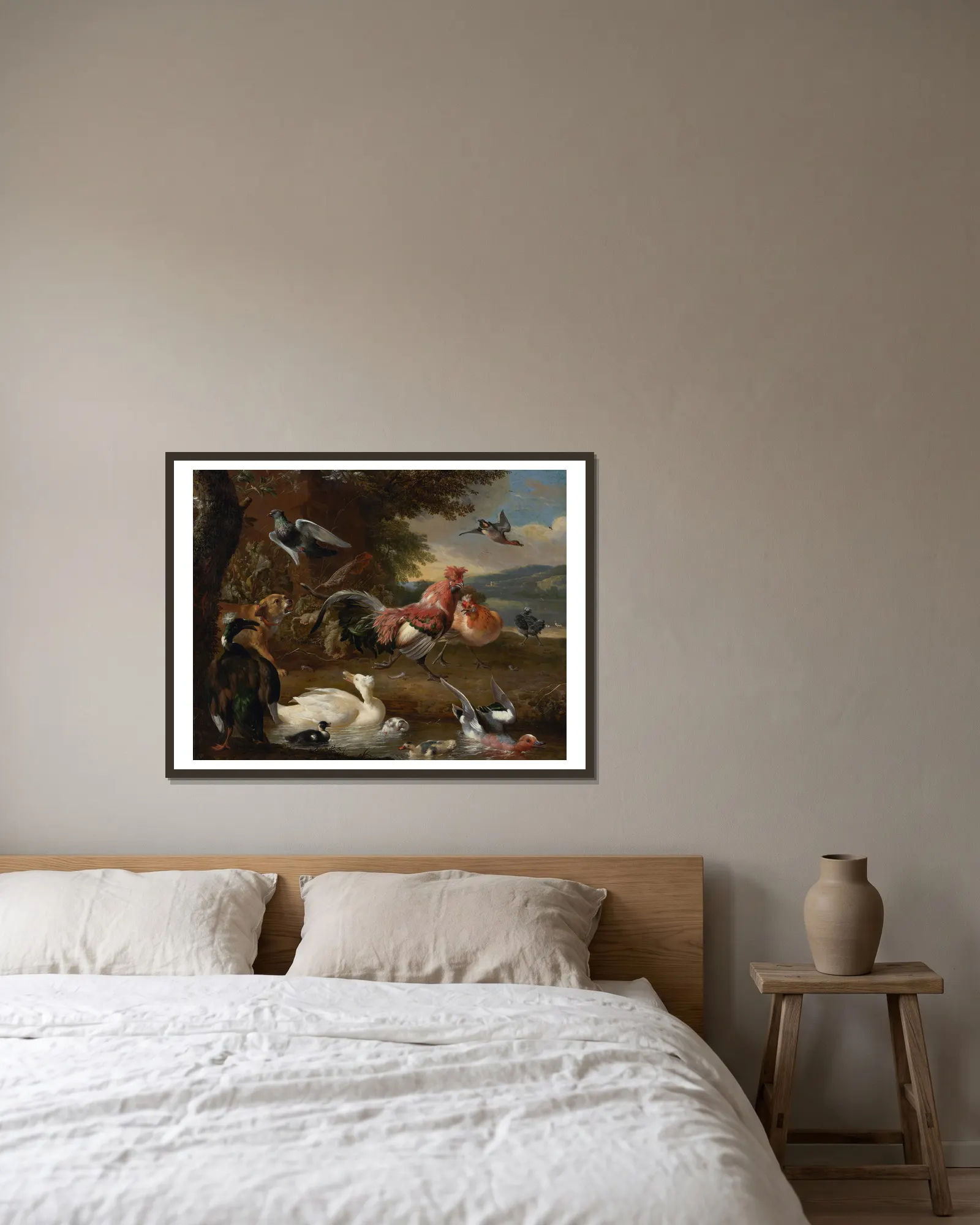 Chickens and Ducks av Melchior d'Hondecoeter inramad på en vägg