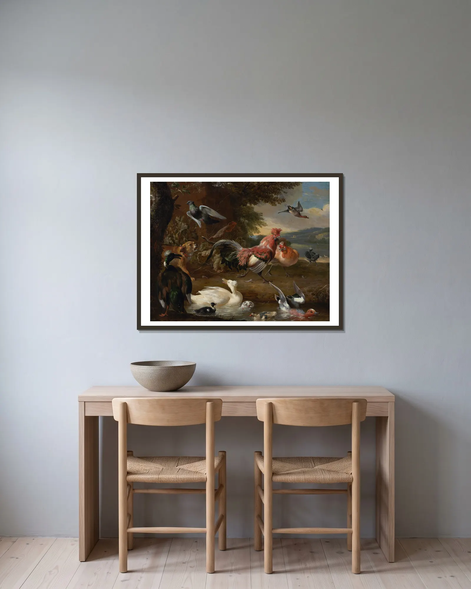 Chickens and Ducks av Melchior d'Hondecoeter inramad på en vägg