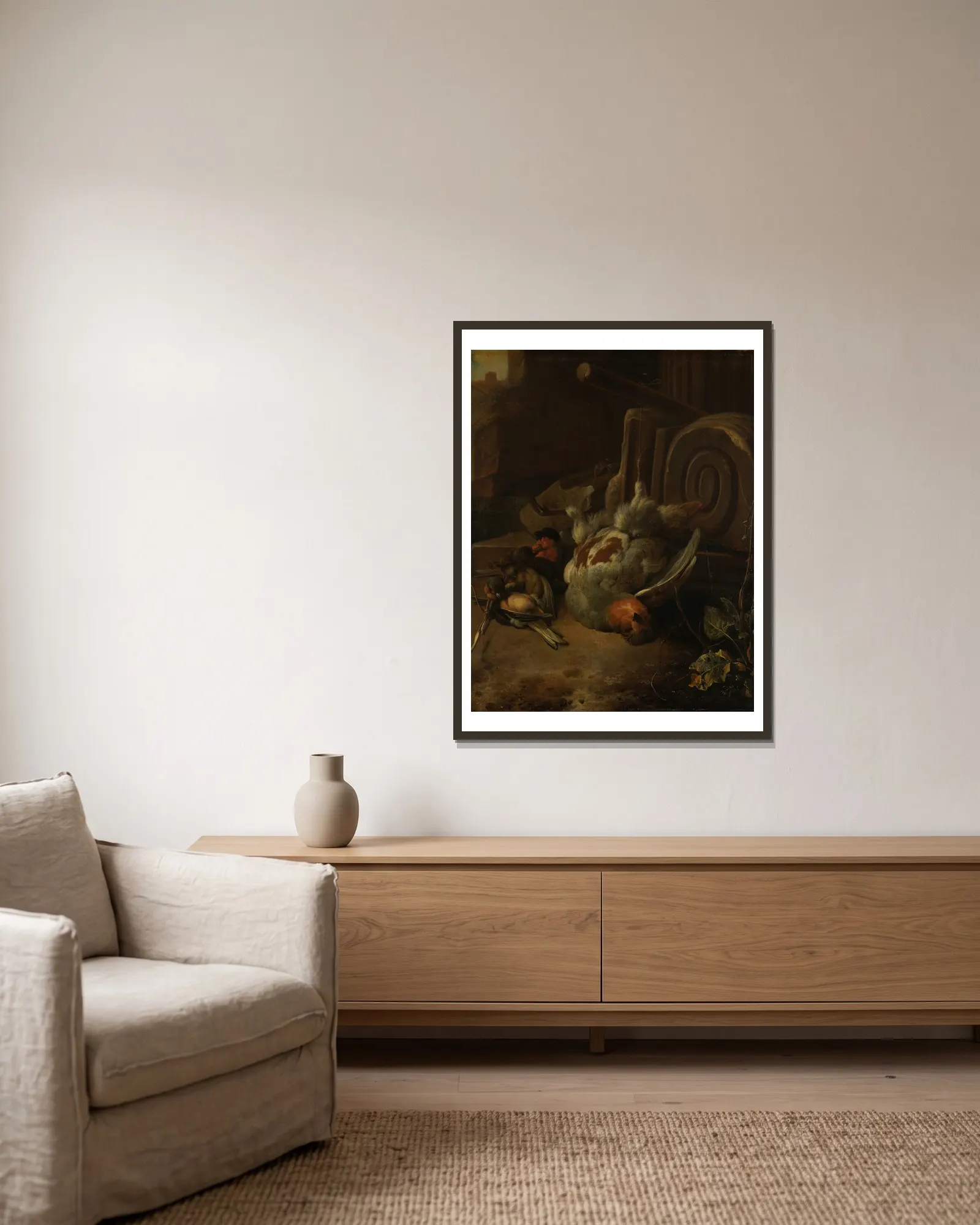 Dead Birds av Melchior d'Hondecoeter inramad på en vägg