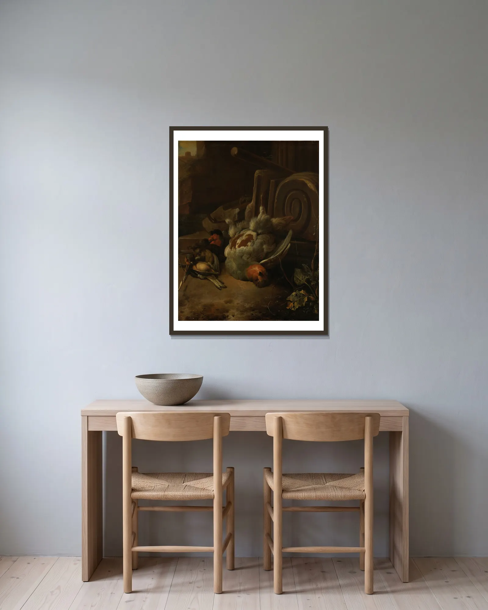 Dead Birds av Melchior d'Hondecoeter inramad på en vägg