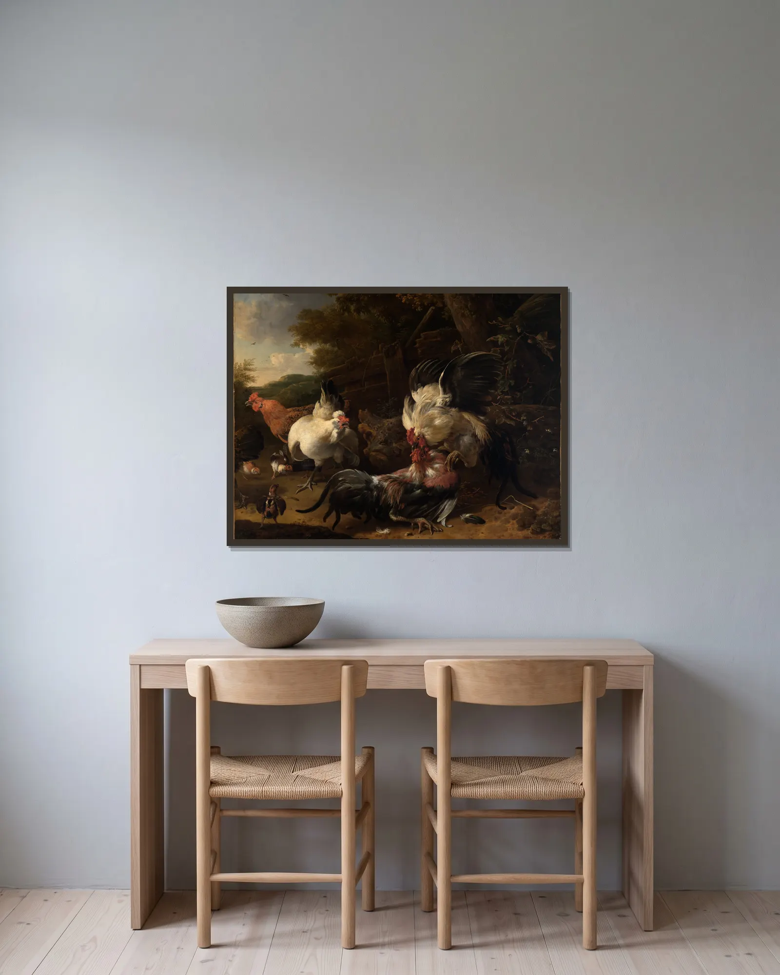 Kämpfende Hähne av Melchior d'Hondecoeter inramad på en vägg