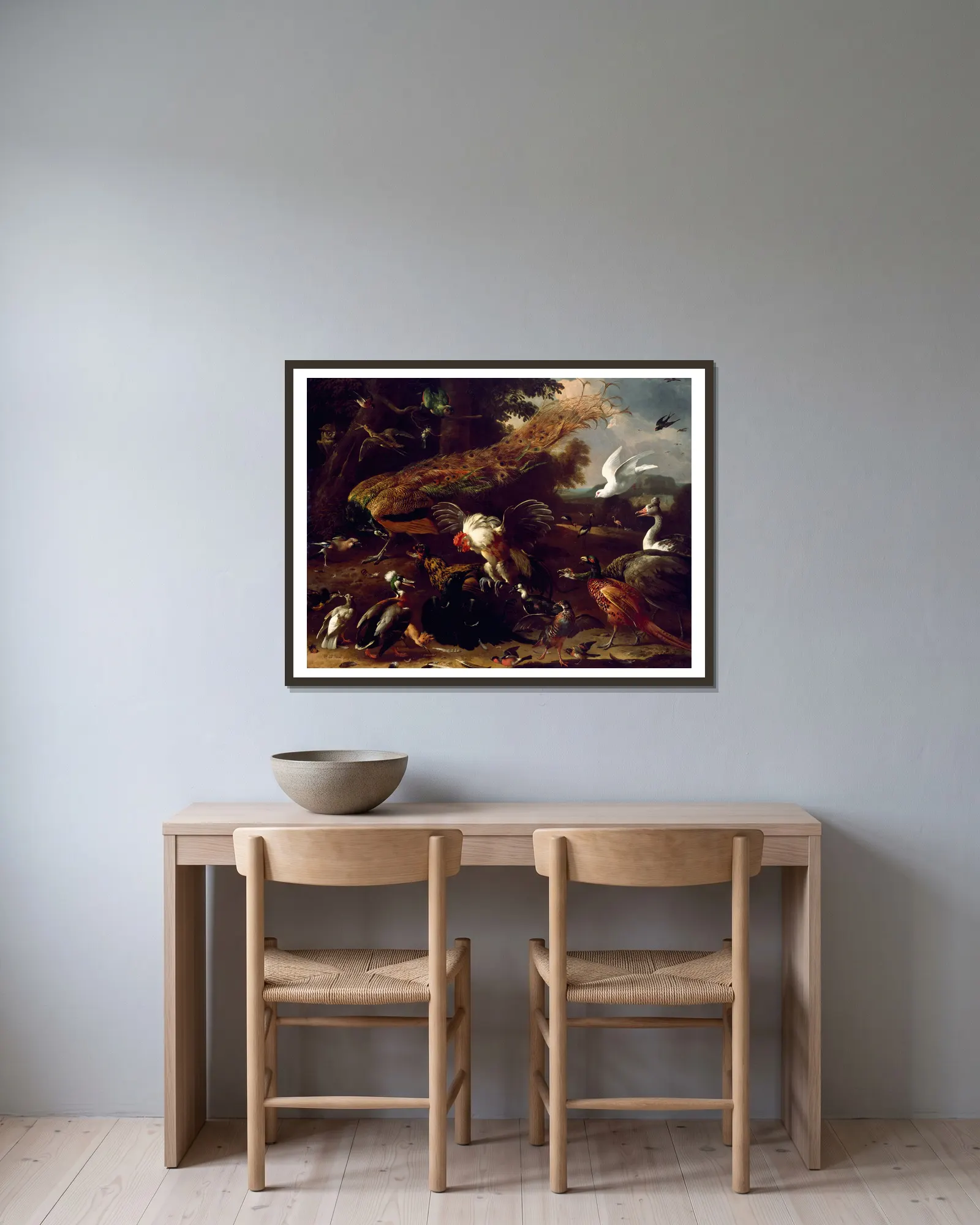 The Crow Exposed av Melchior d'Hondecoeter inramad på en vägg