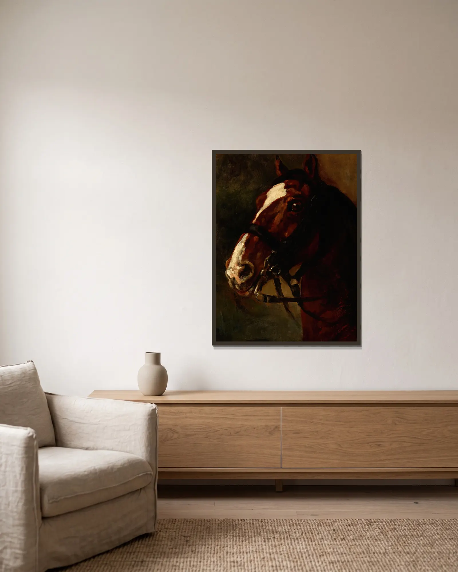 Bay Horse’s Head av Piotr Michałowski inramad på en vägg