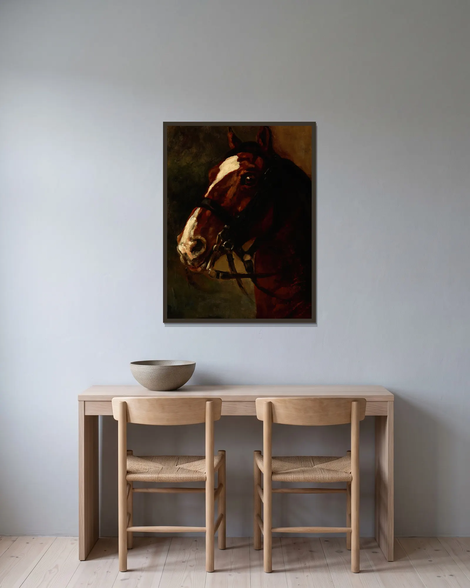 Bay Horse’s Head av Piotr Michałowski inramad på en vägg