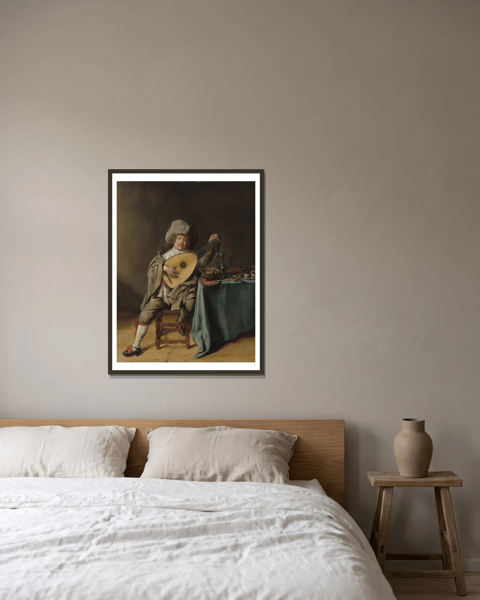Self-Portrait as a Lute Player av Jan Miense Molenaer inramad på en vägg