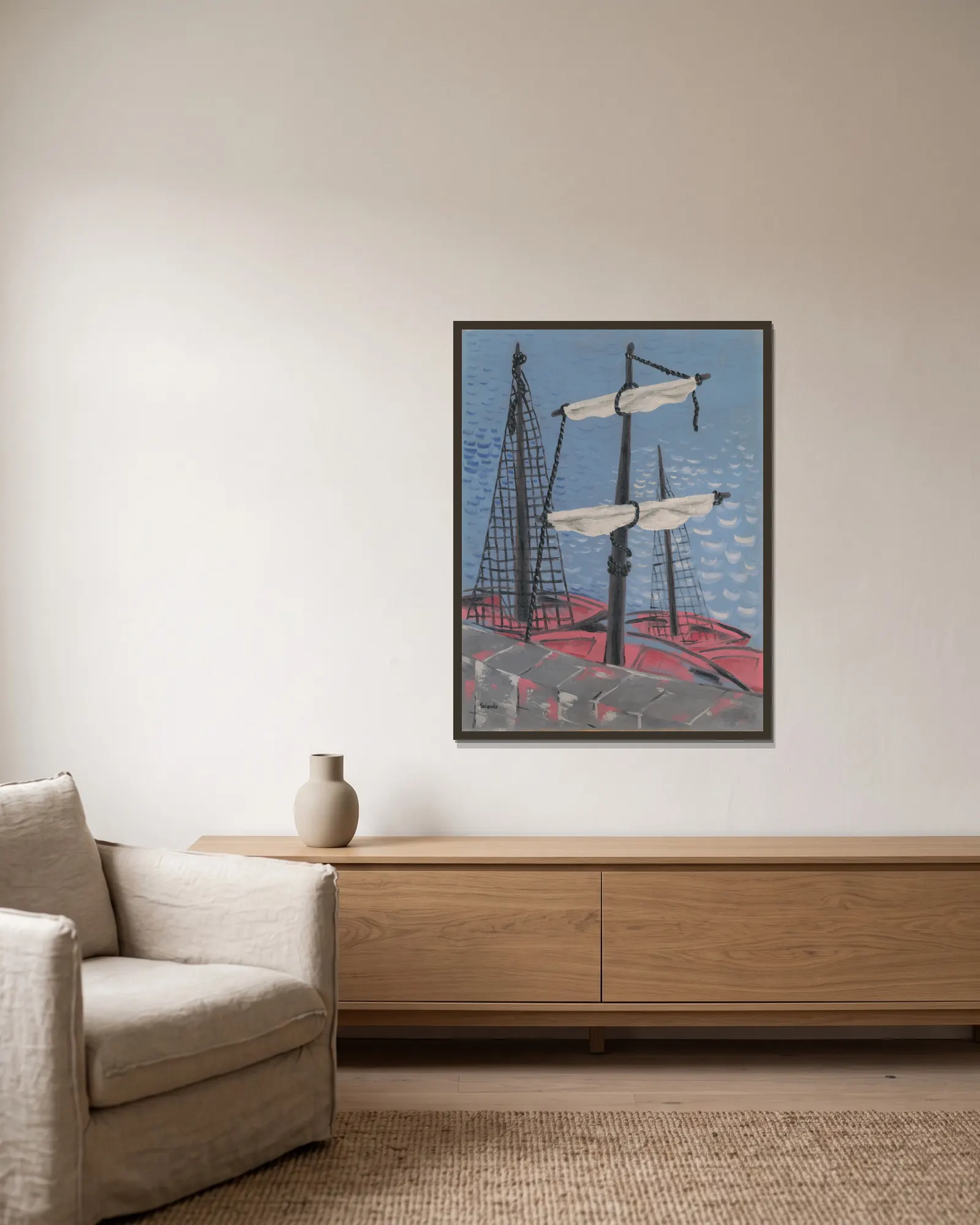 Fishing Boats av Mikuláš Galanda inramad på en vägg