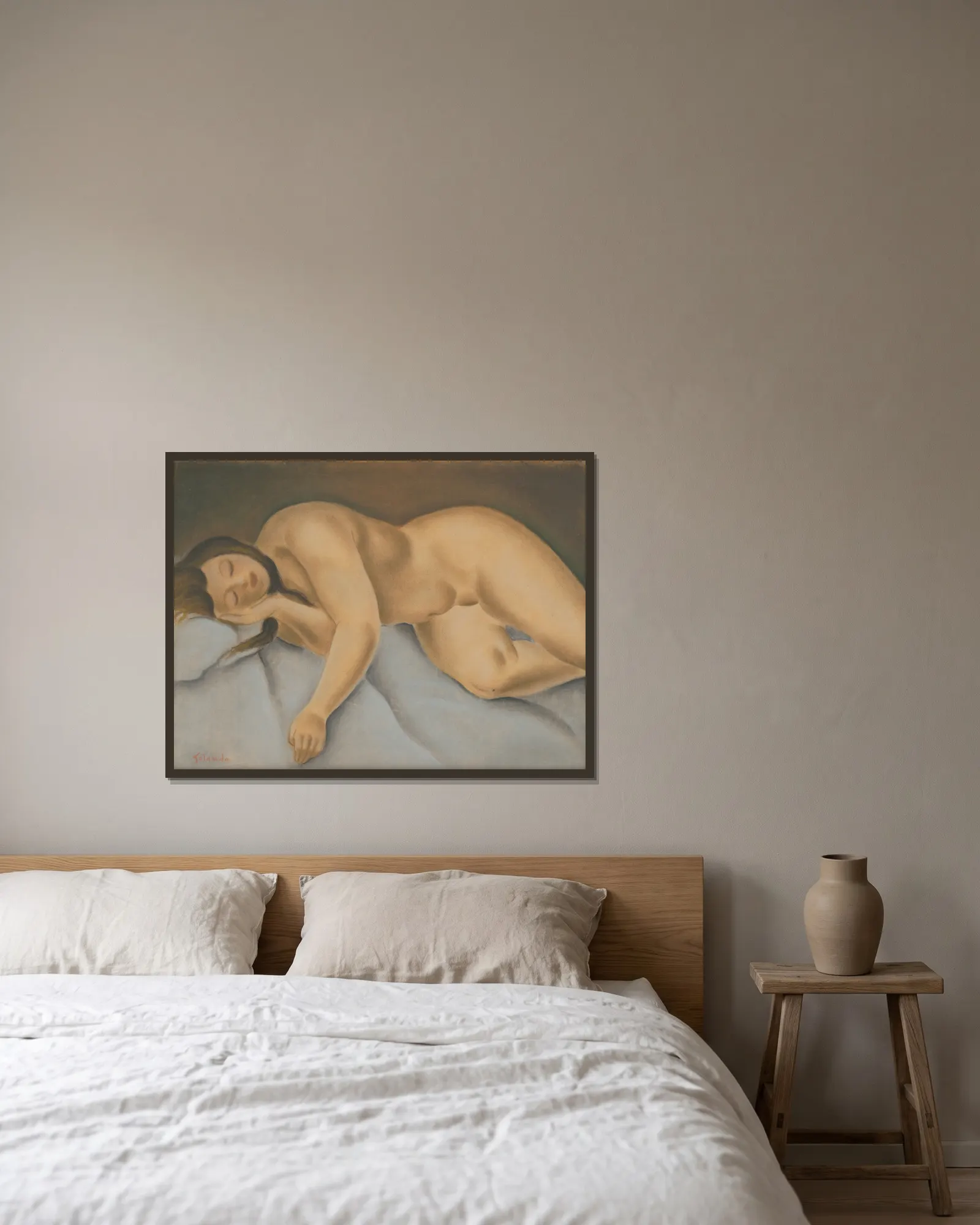 Lying female nude av Mikuláš Galanda inramad på en vägg