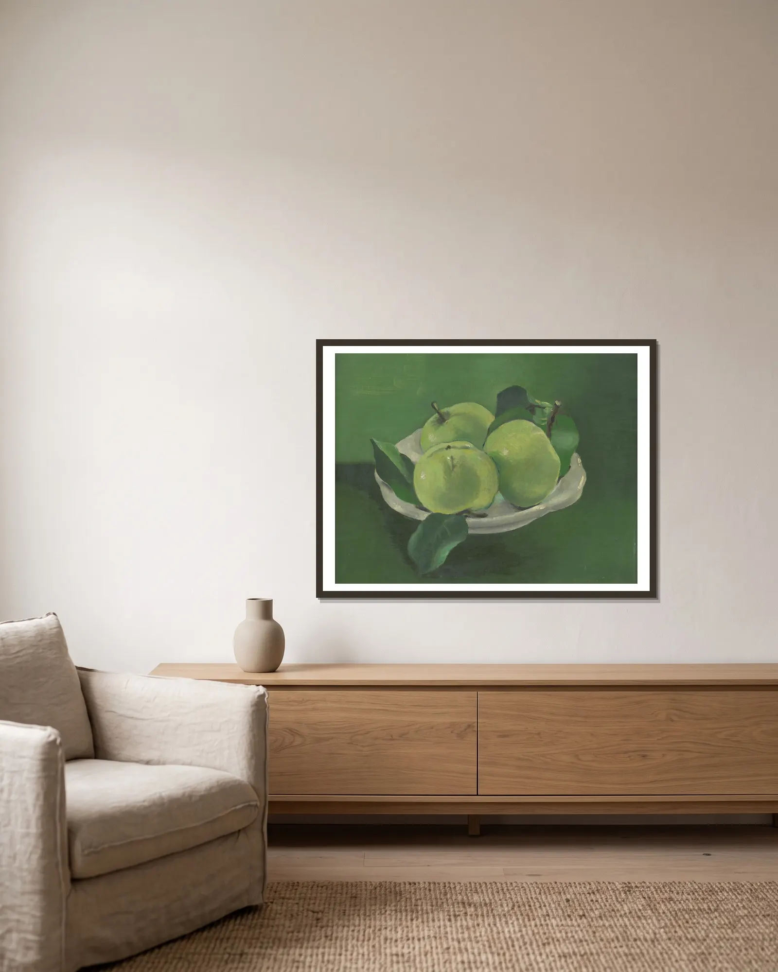 Still Life with Apples av Mikuláš Galanda inramad på en vägg