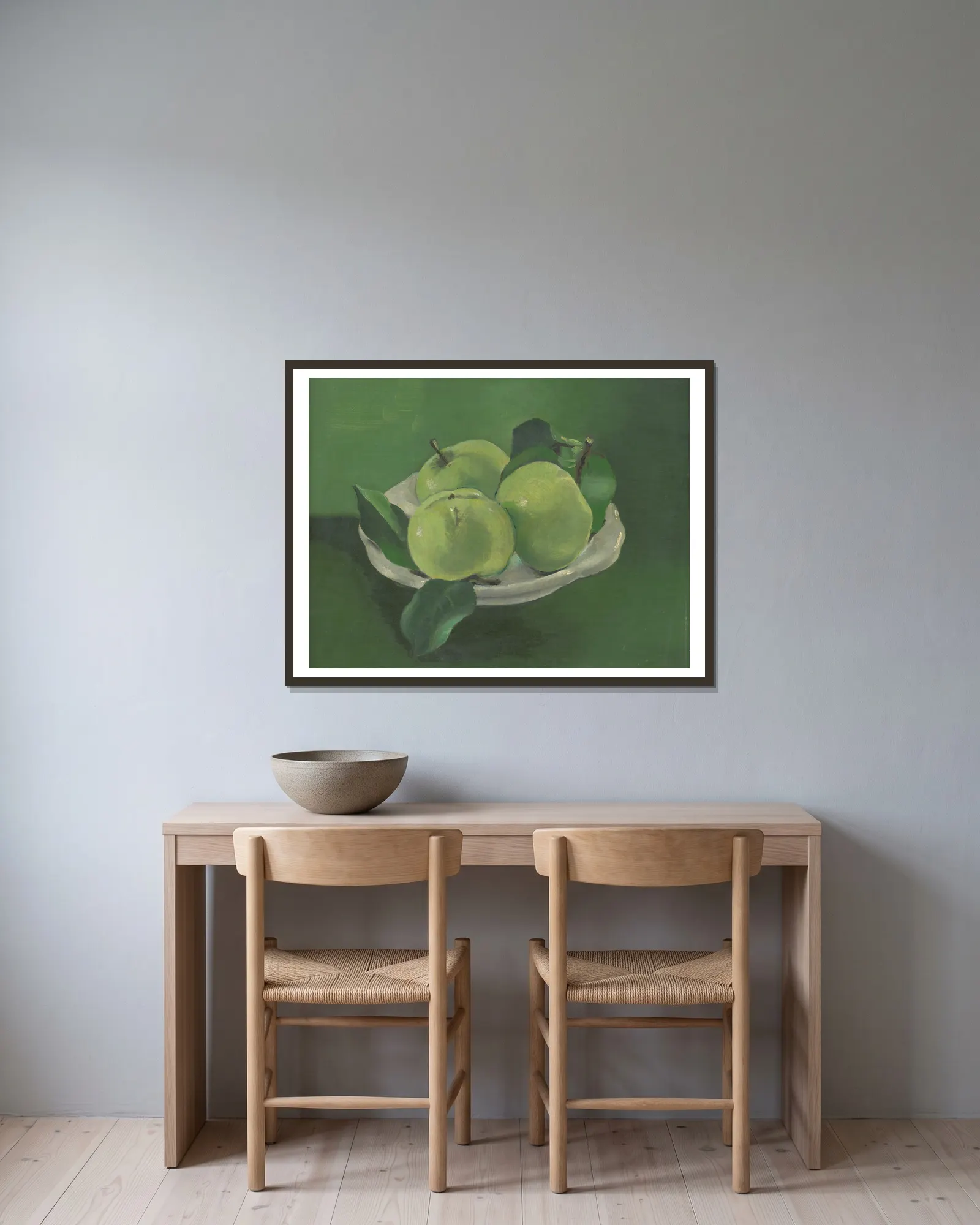 Still Life with Apples av Mikuláš Galanda inramad på en vägg