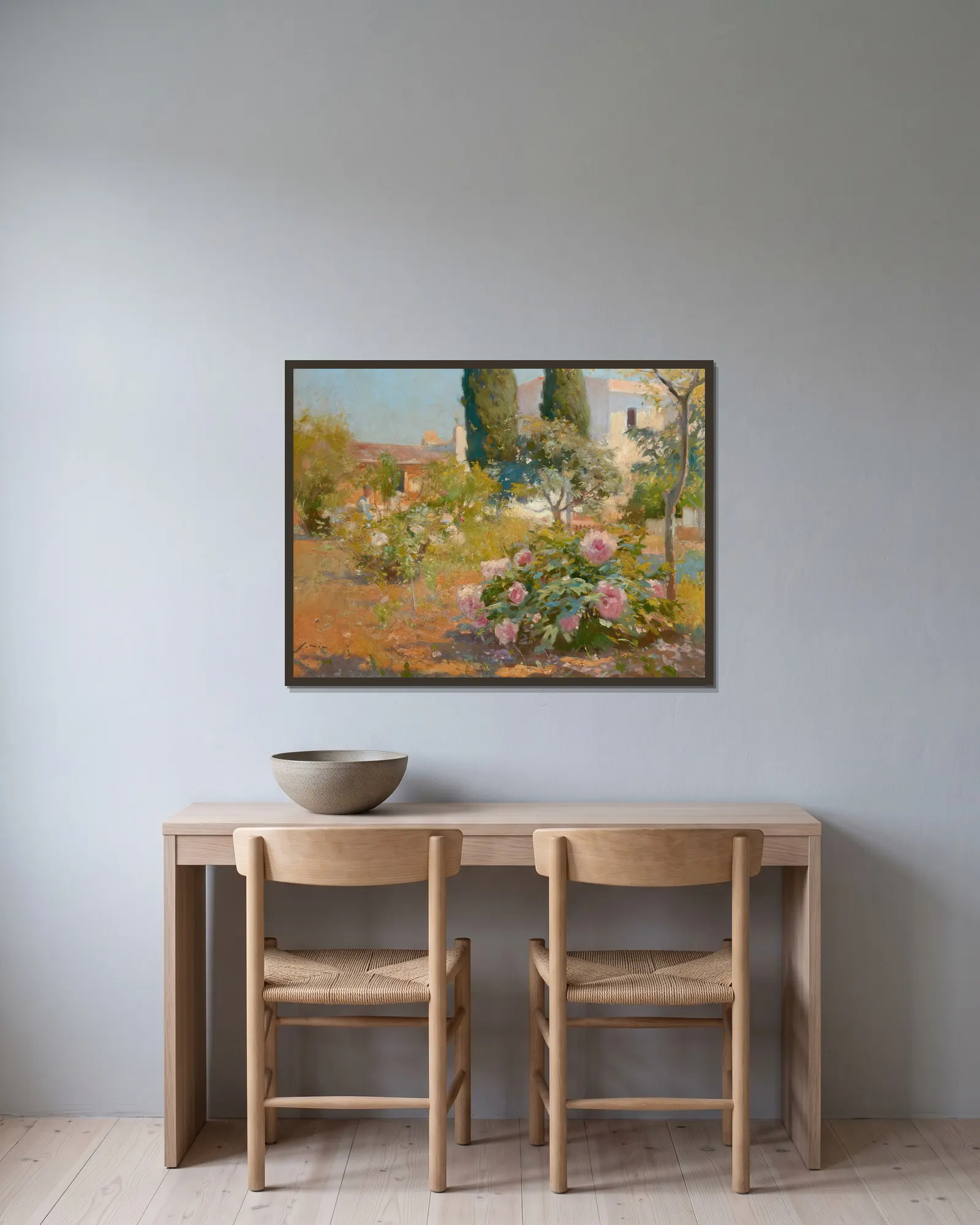 Spanish Jardin (Garden In Bloom) av Joaquin Mir Trinxet inramad på en vägg