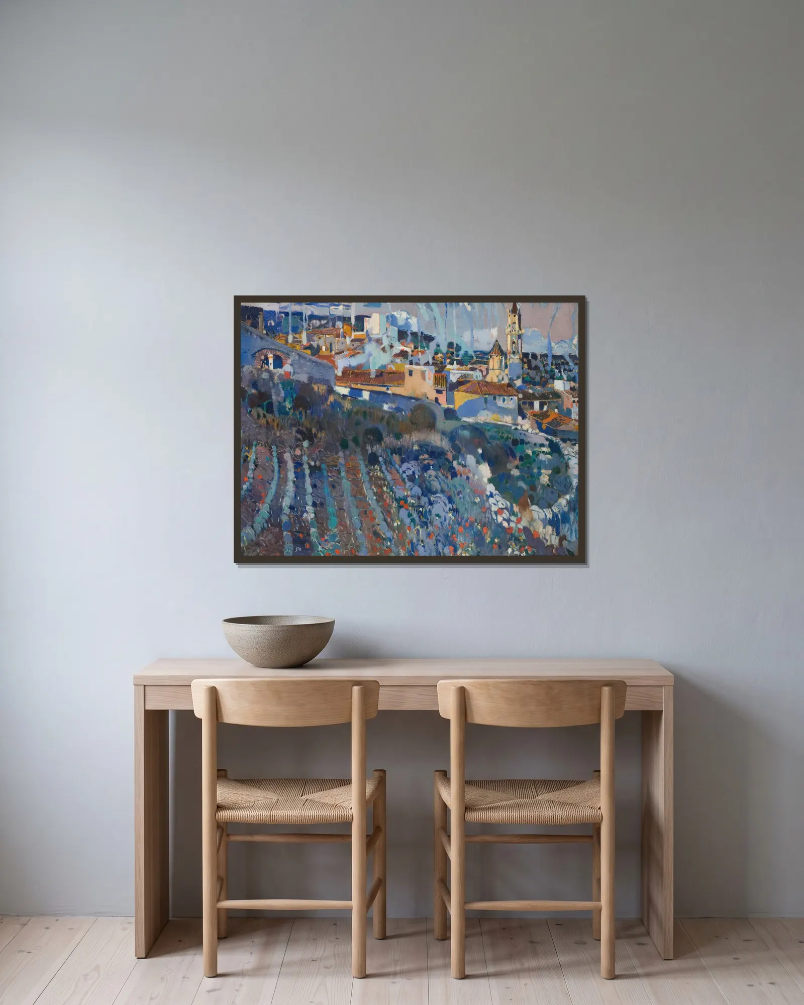Terraced Village av Joaquin Mir Trinxet inramad på en vägg