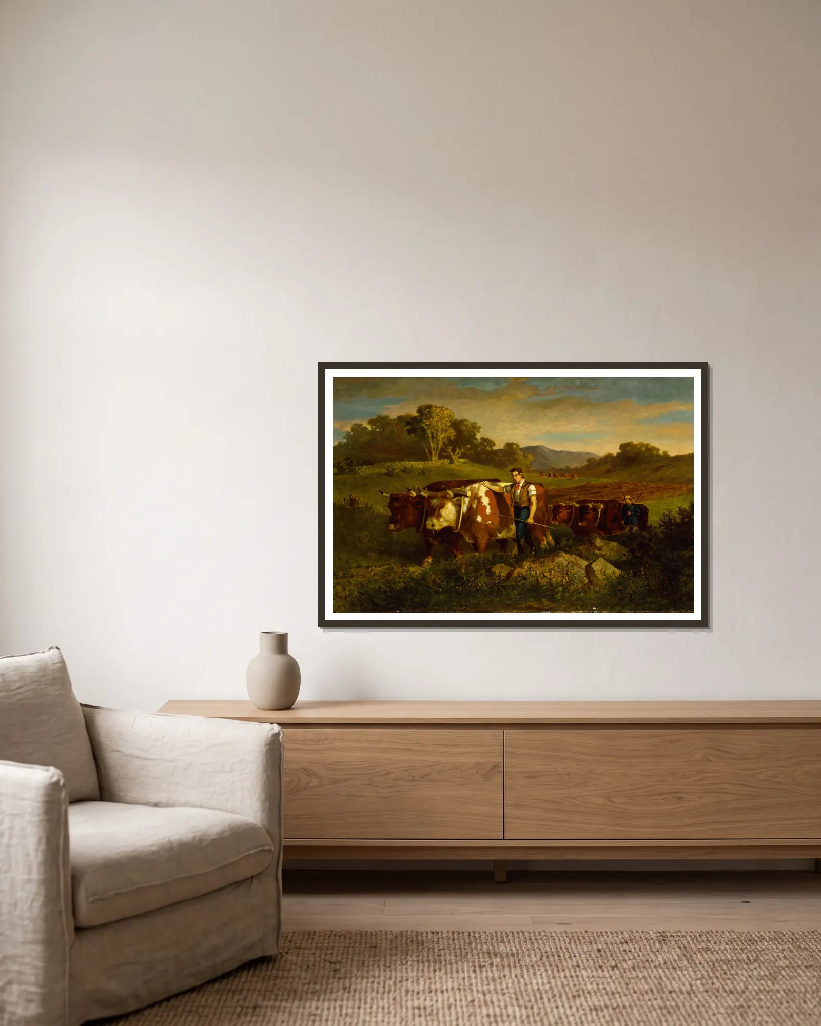 Herdsmen with Cows av Edward Mitchell Bannister inramad på en vägg
