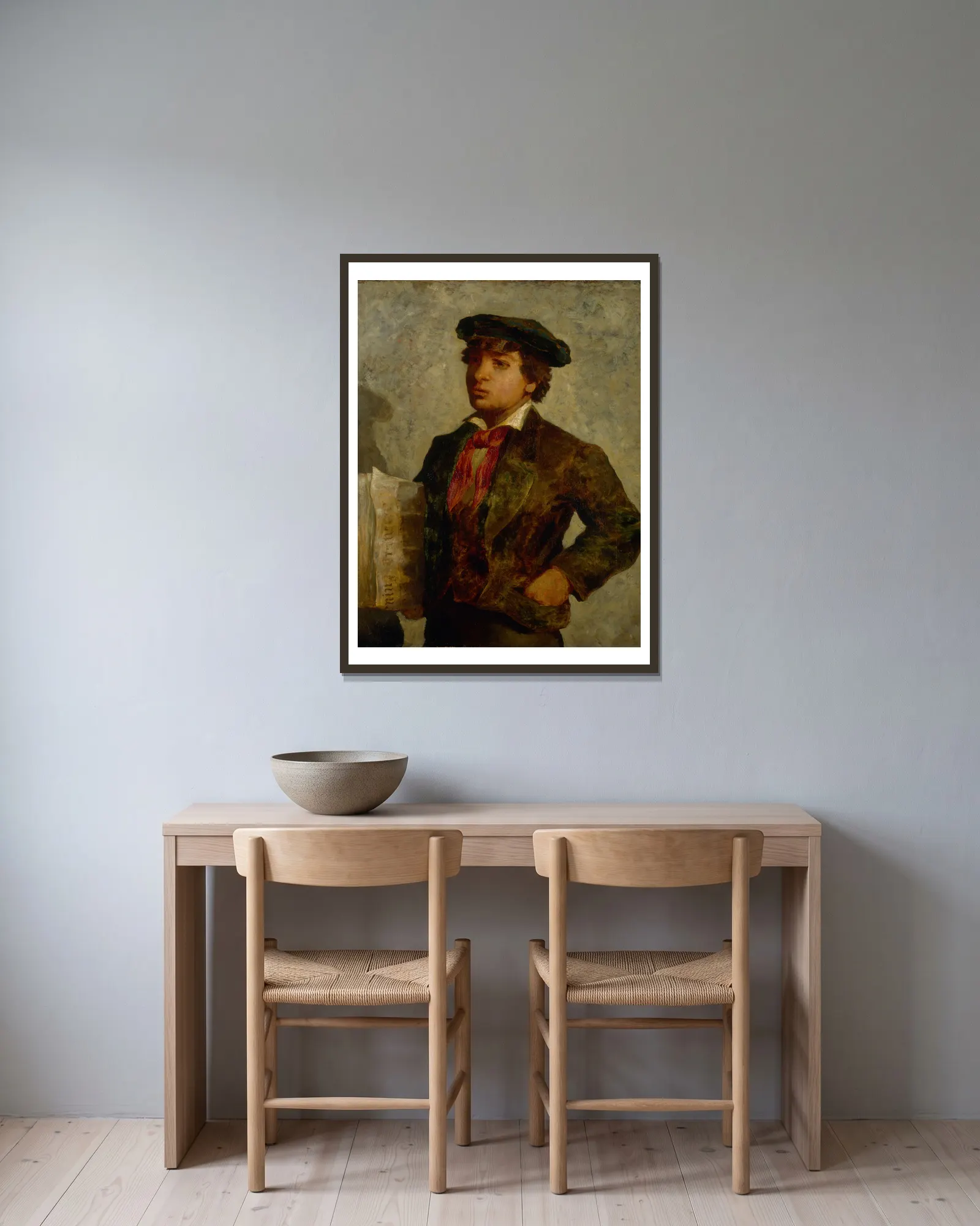 Newspaper Boy av Edward Mitchell Bannister inramad på en vägg
