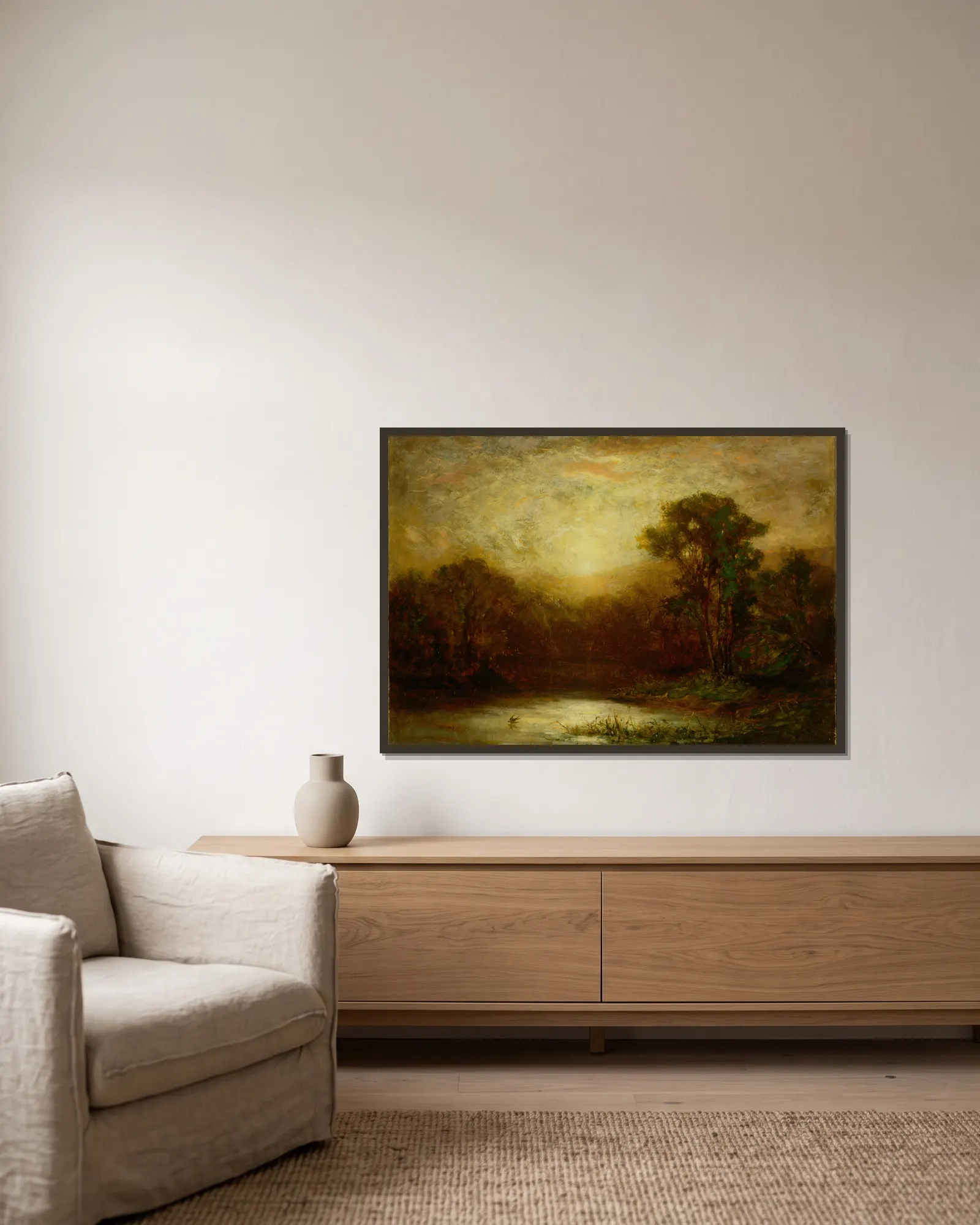 Sunset av Edward Mitchell Bannister inramad på en vägg