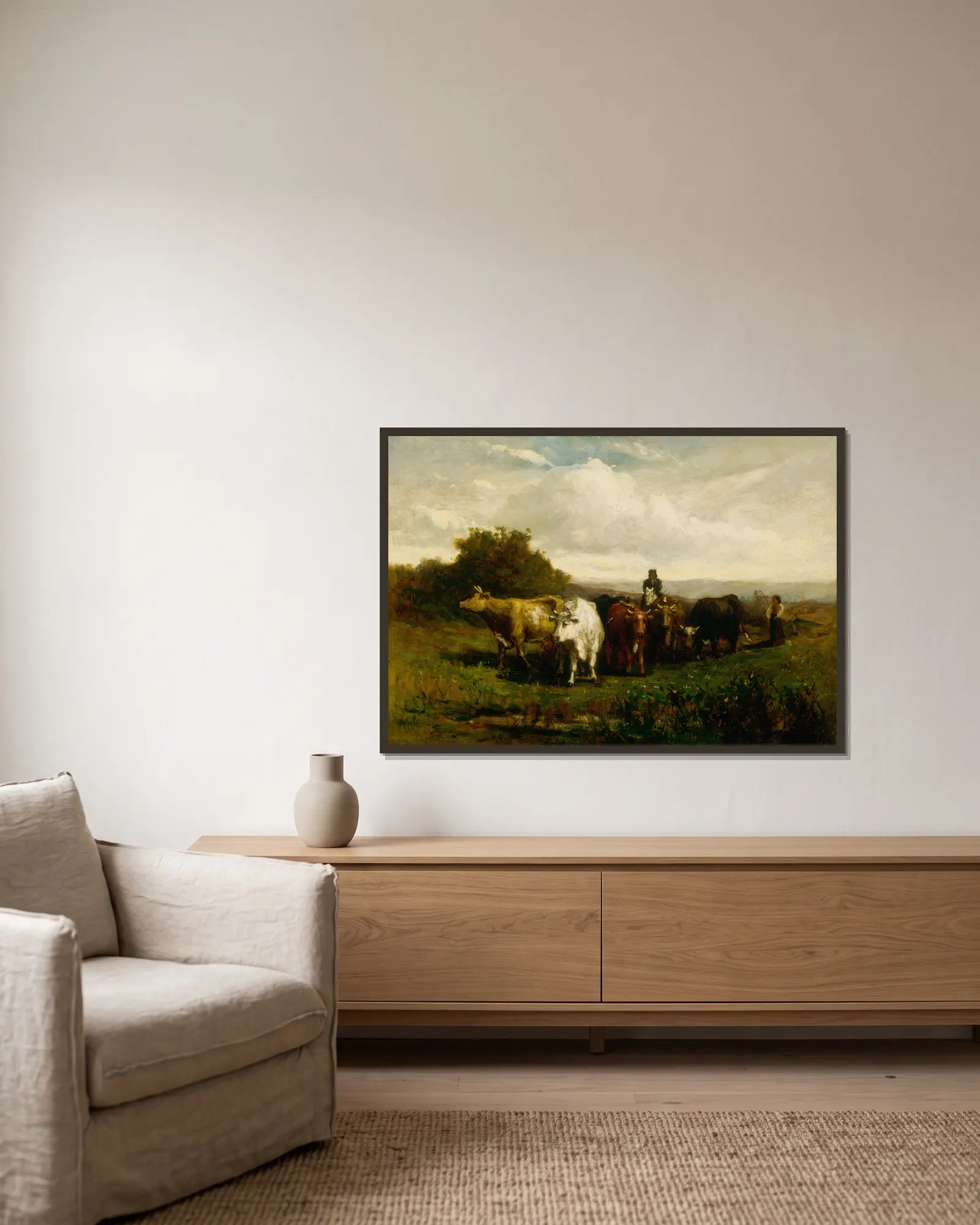 Untitled (man on horseback, woman on foot driving cattle) av Edward Mitchell Bannister inramad på en vägg