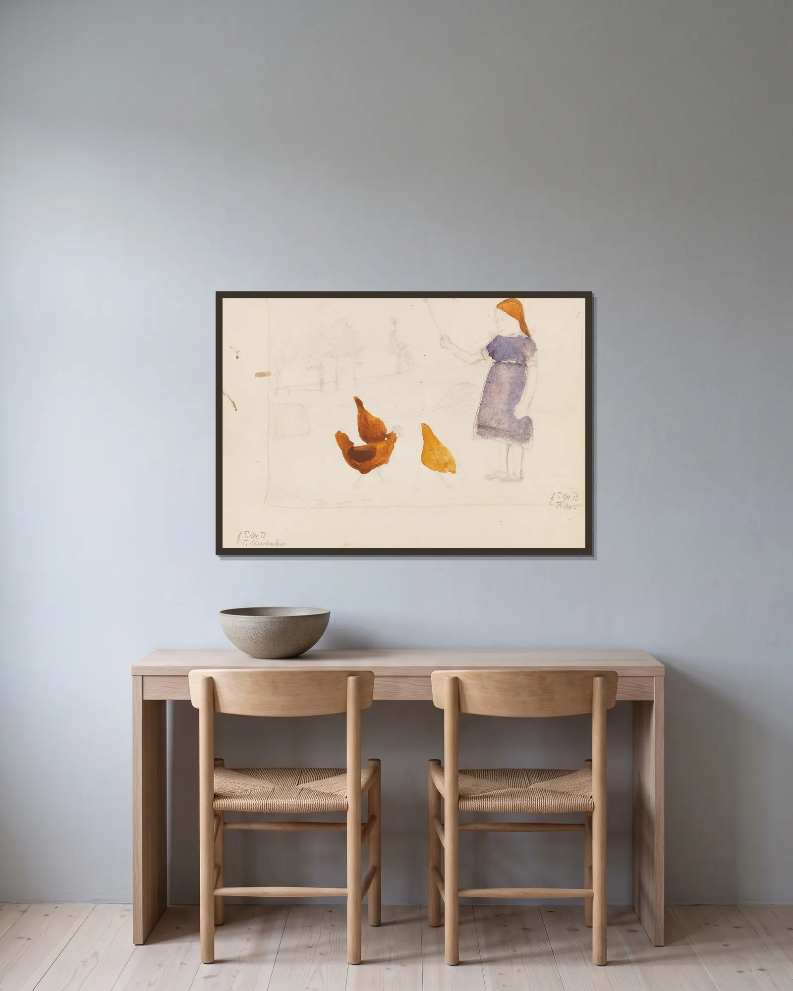 Elsbeth mit Hühnern av Paula Modersohn-Becker inramad på en vägg