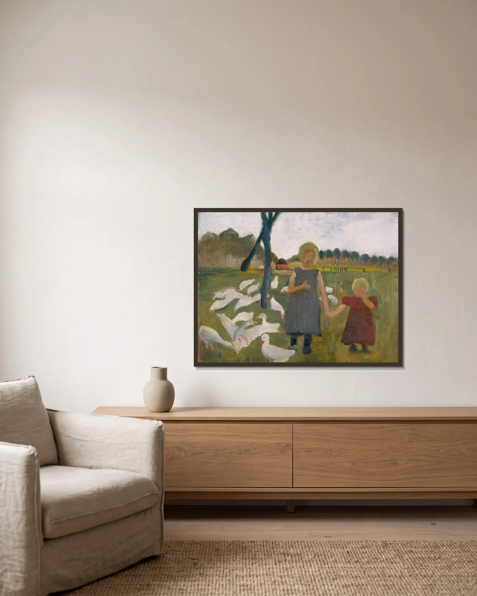 Kids with Geese av Paula Modersohn-Becker inramad på en vägg