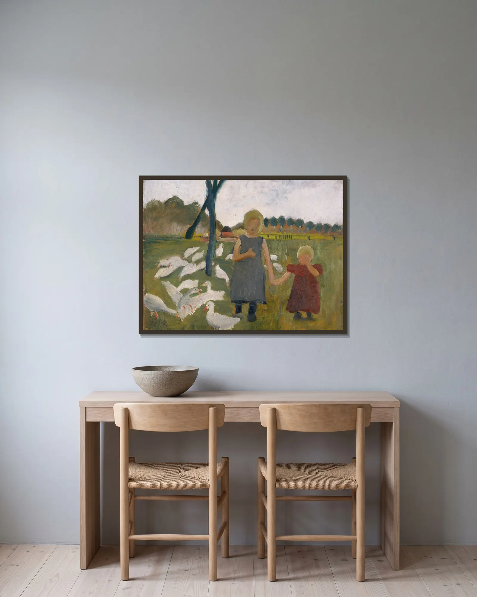 Kids with Geese av Paula Modersohn-Becker inramad på en vägg