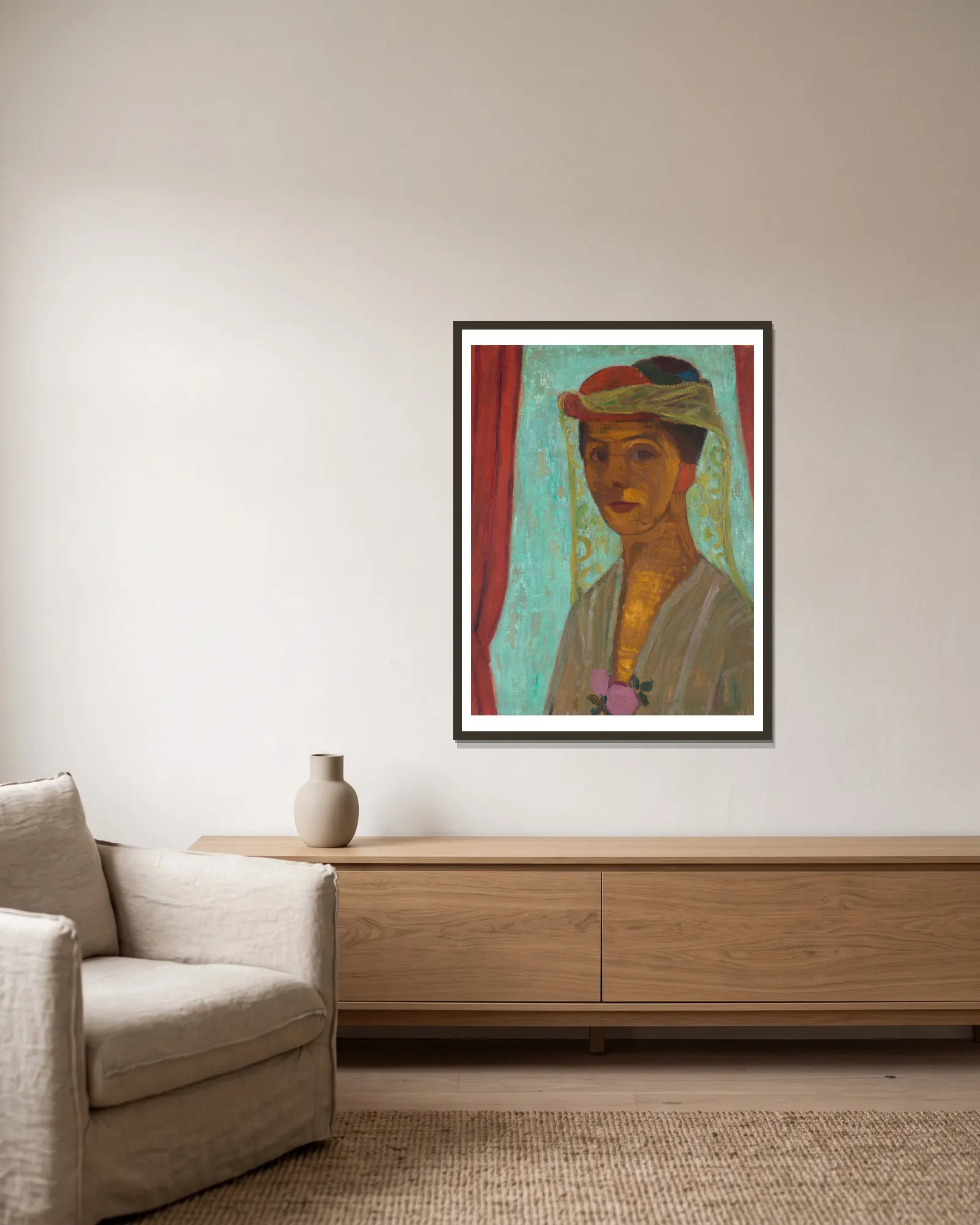 Self-portrait with hat and veil av Paula Modersohn-Becker inramad på en vägg