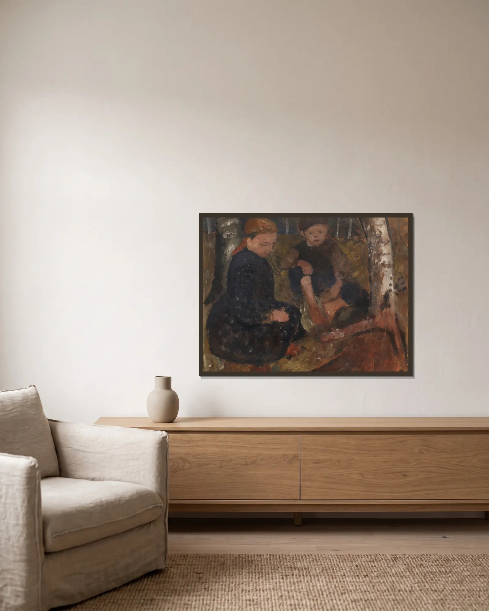 Zwei sitzende Kinder im Wald av Paula Modersohn-Becker inramad på en vägg