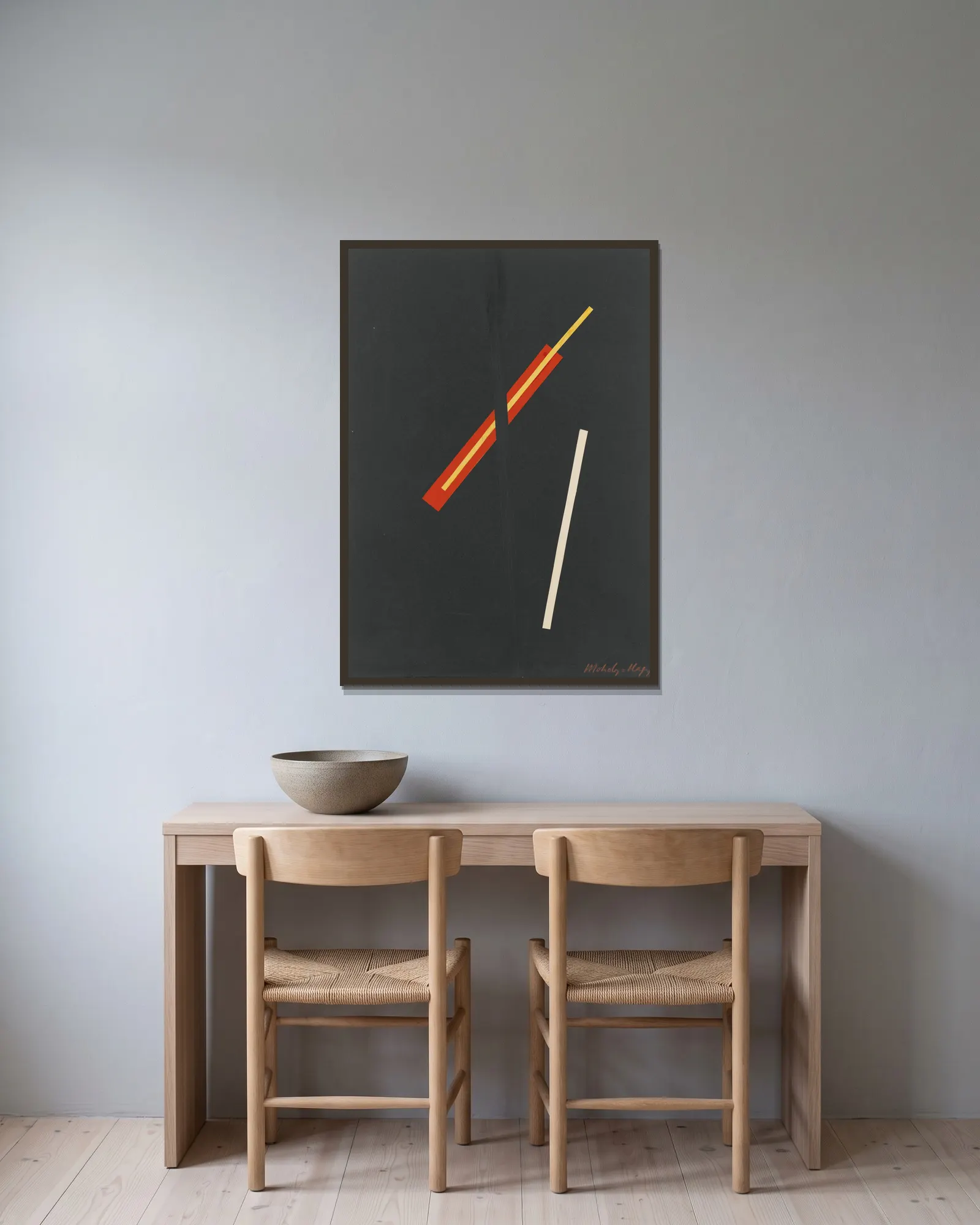 Collage with three elements av László Moholy-Nagy inramad på en vägg