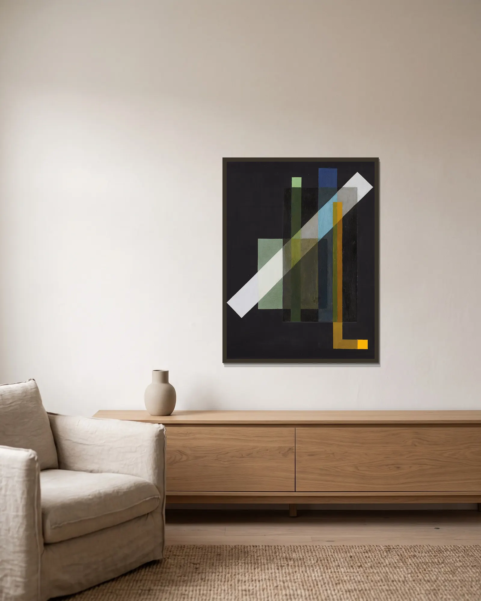 Construction, 1924 av László Moholy-Nagy inramad på en vägg