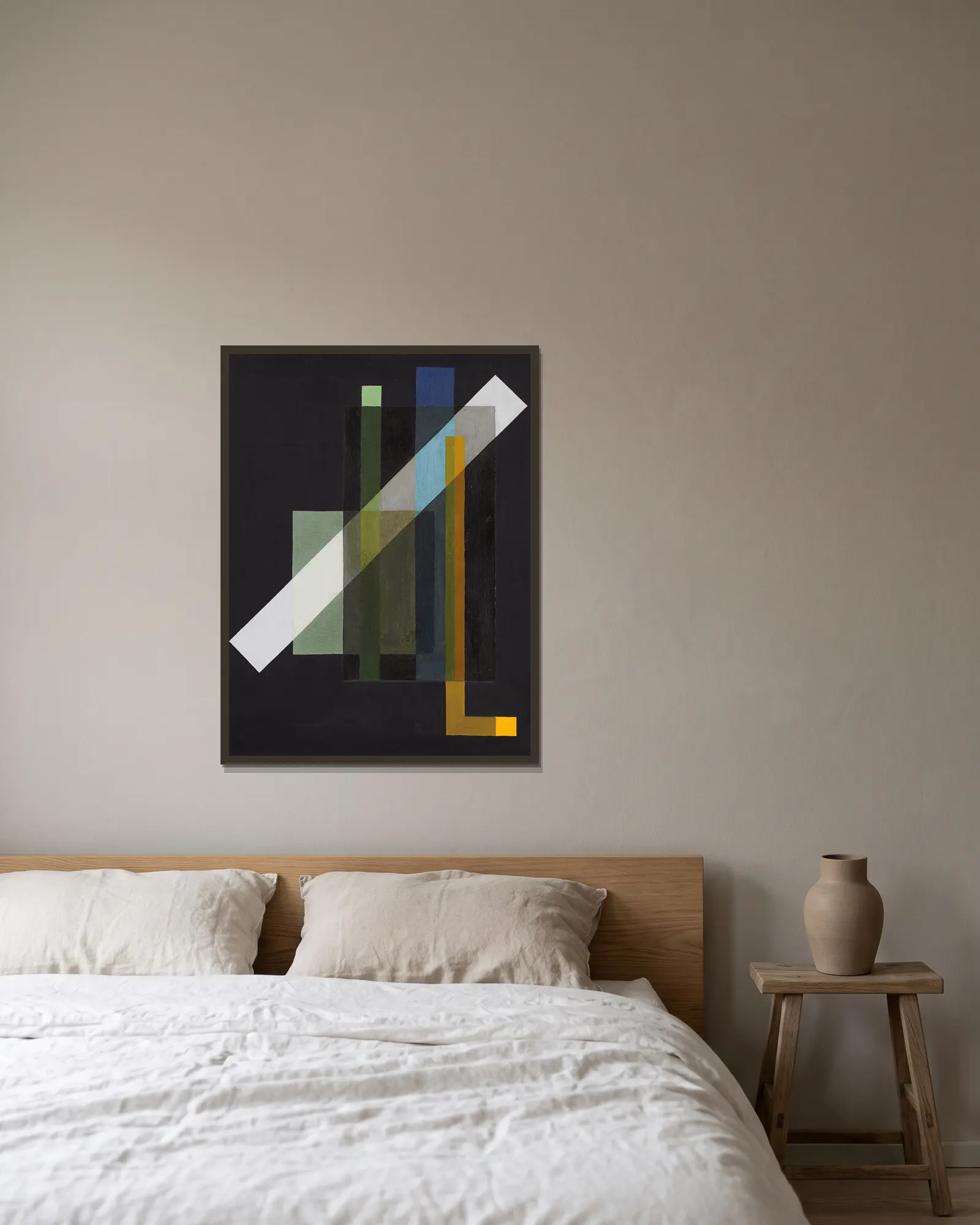 Construction, 1924 av László Moholy-Nagy inramad på en vägg