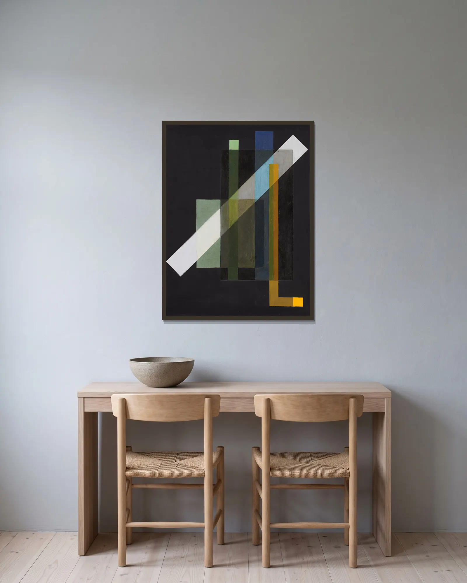Construction, 1924 av László Moholy-Nagy inramad på en vägg