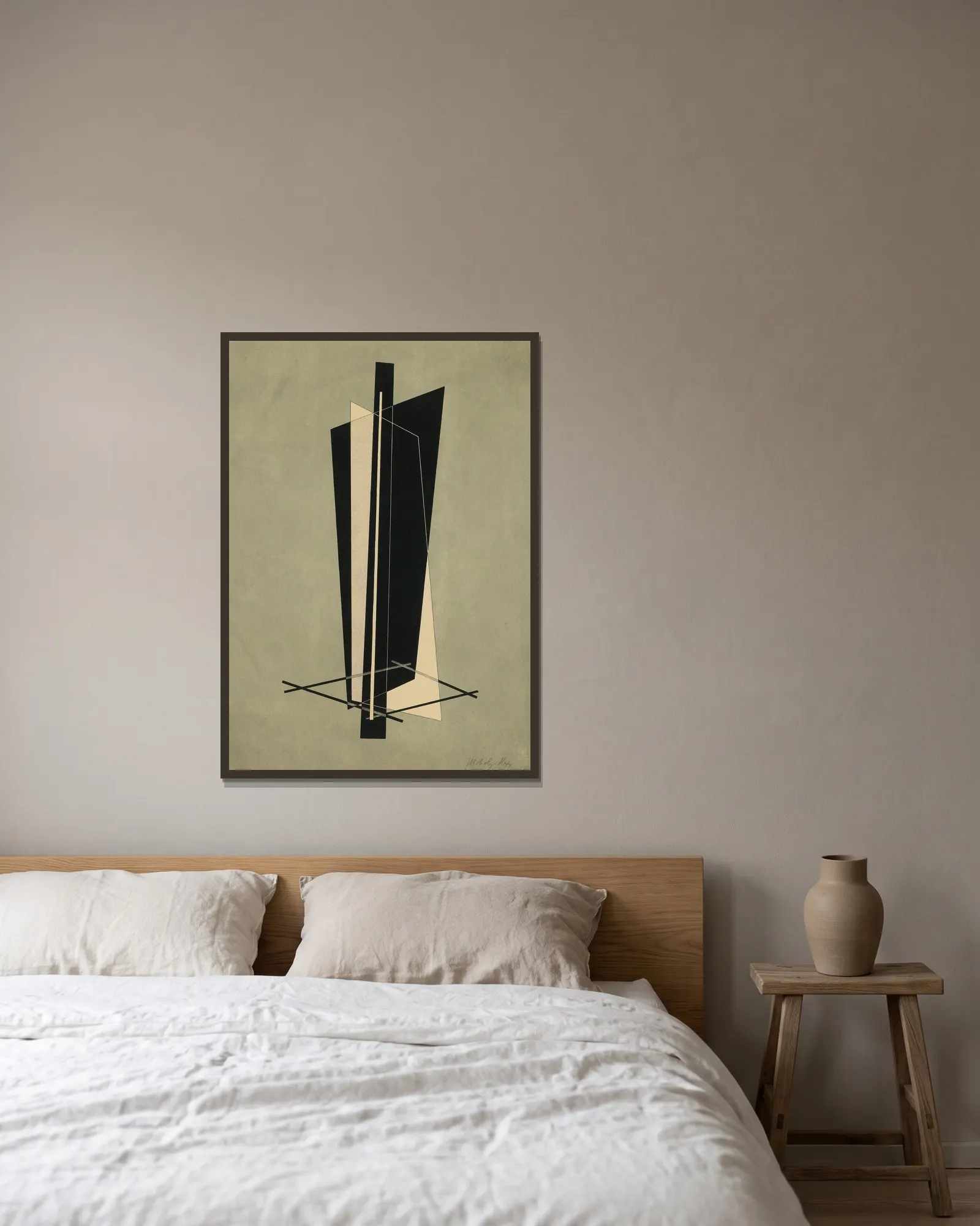 Kestnermappe; Komposition (One Plate) (P. 123) av László Moholy-Nagy inramad på en vägg